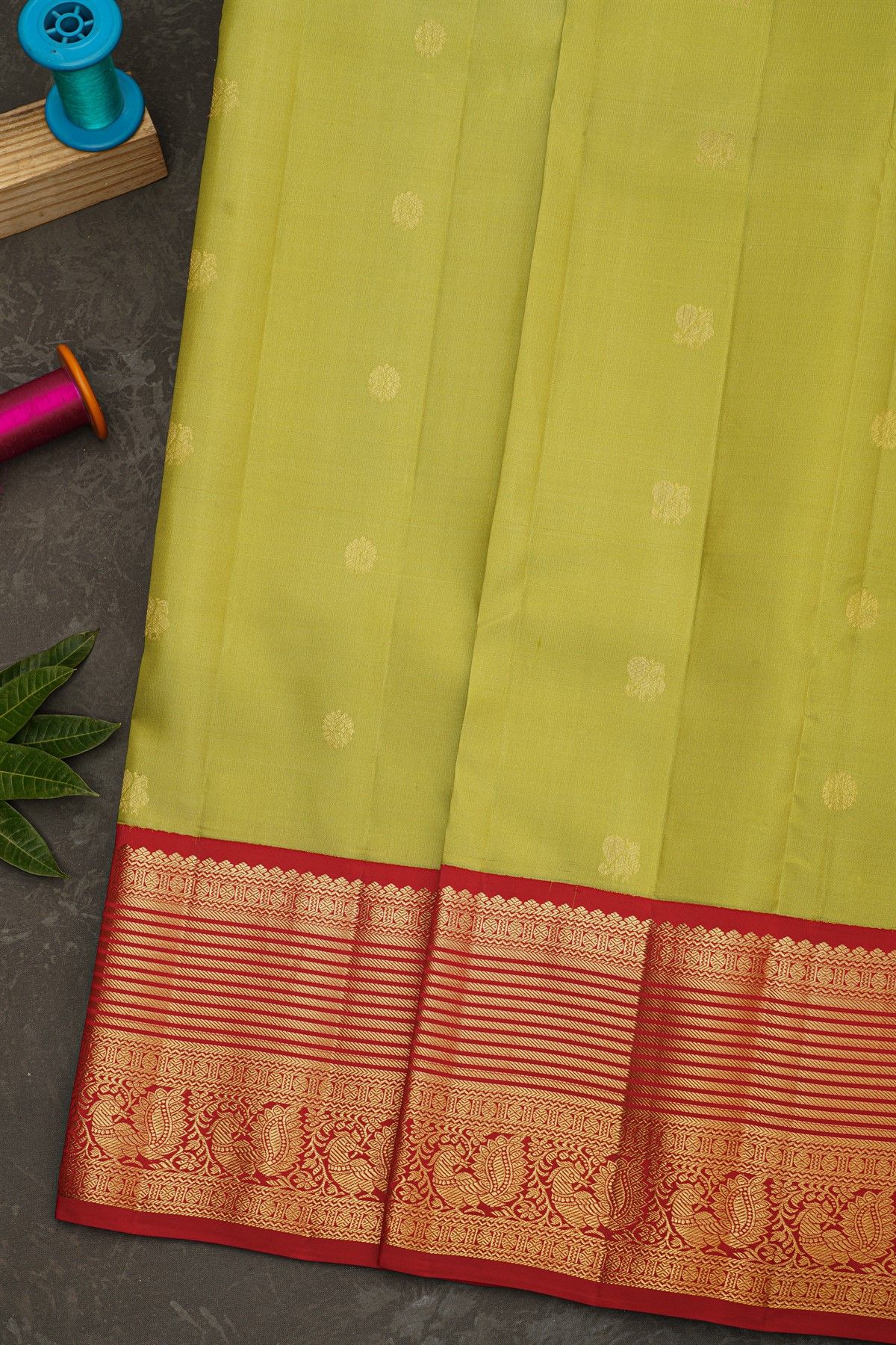 Kancheepuram Silk Lime Green Saree With Peacocks And Florals Buttis Body
