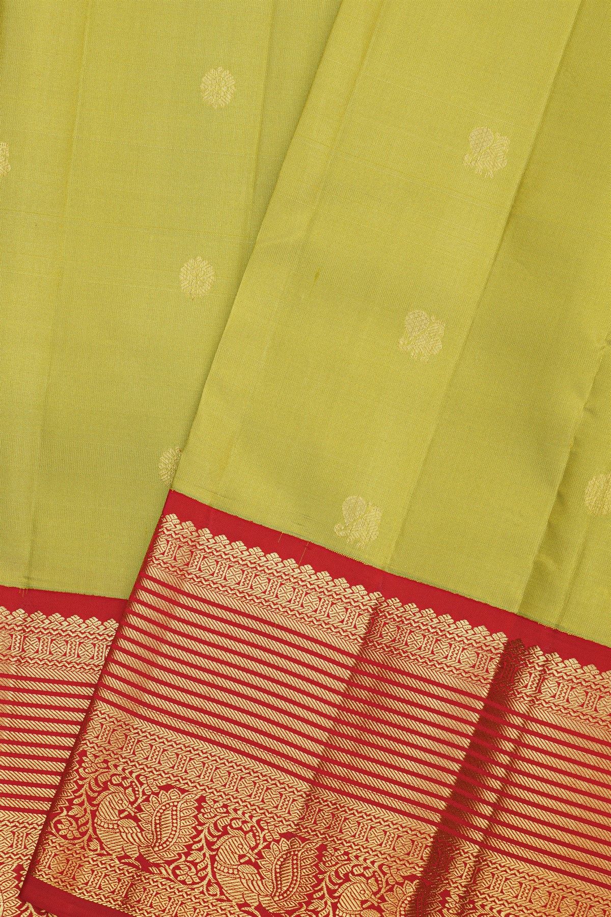 Kancheepuram Silk Lime Green Saree With Peacocks And Florals Buttis Body