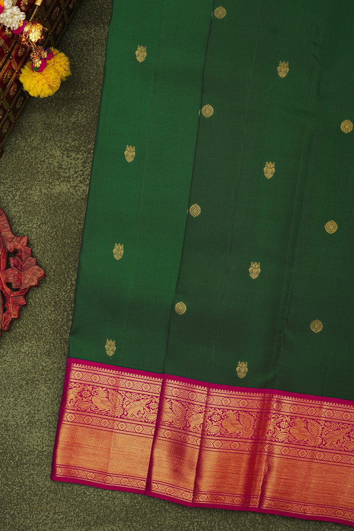 Kancheepuram Silk Bottle Green Saree With Florals And Gandaberunda Buttis Body