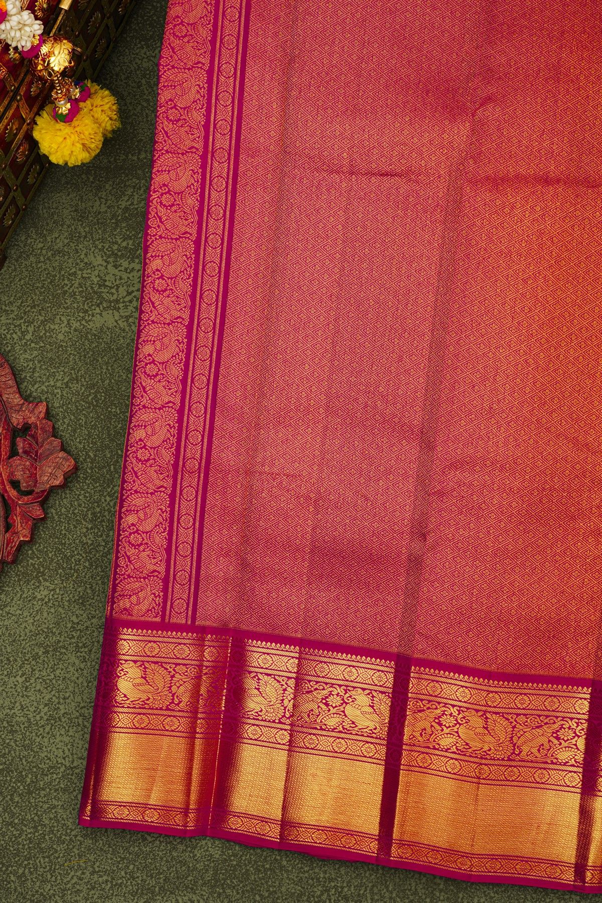 Kancheepuram Silk Bottle Green Saree With Florals And Gandaberunda Buttis Body