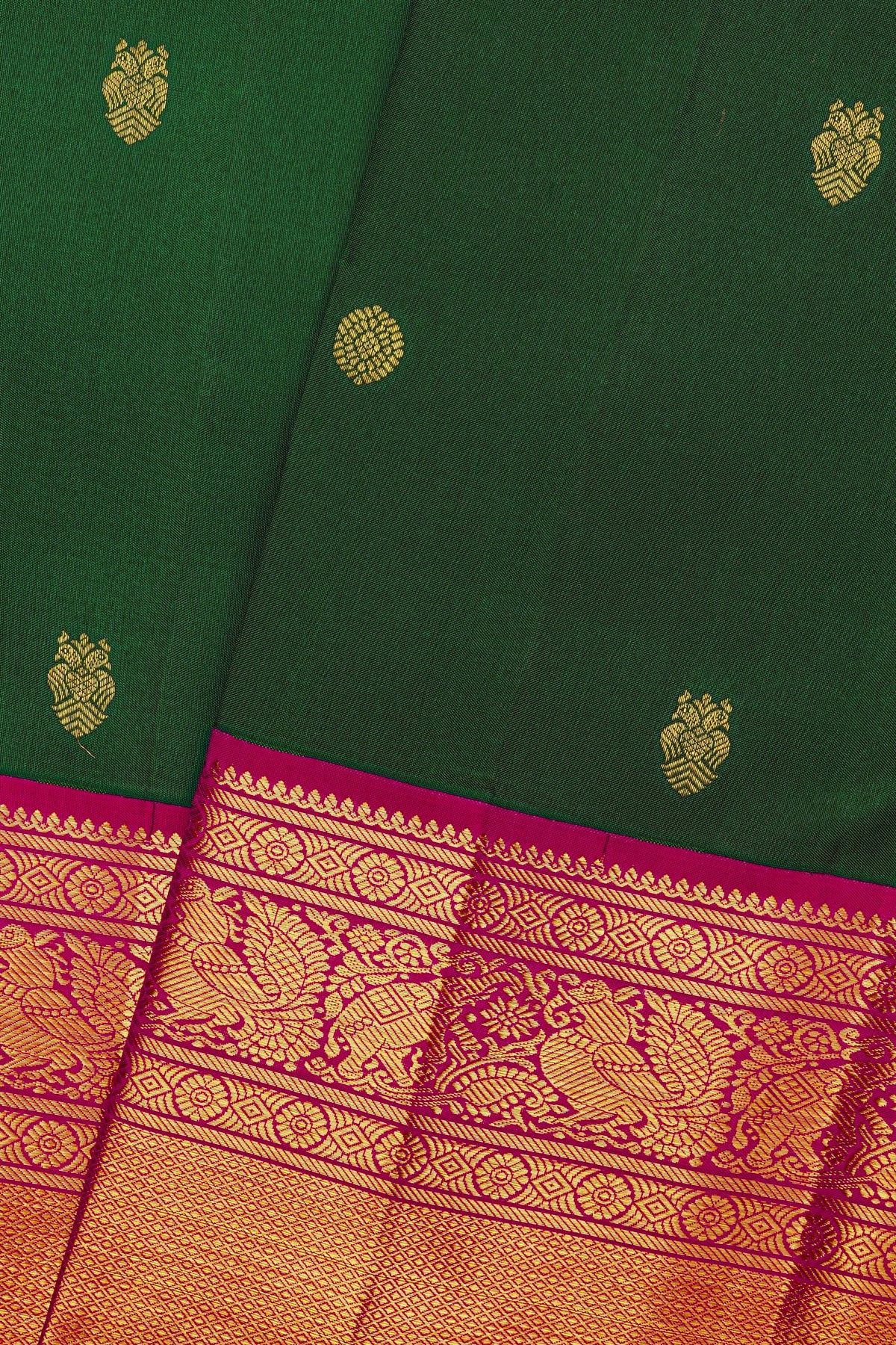 Kancheepuram Silk Bottle Green Saree With Florals And Gandaberunda Buttis Body