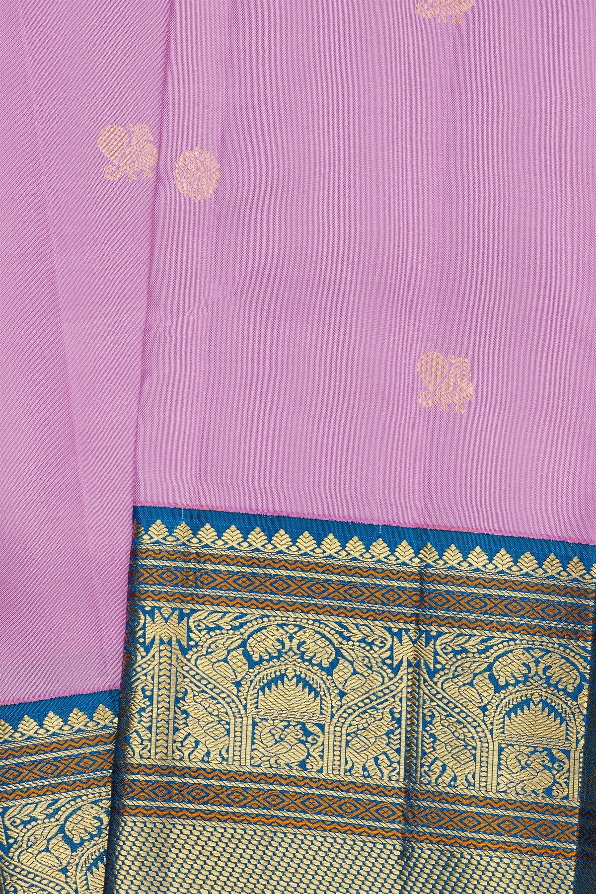 Kancheepuram Silk Lavender Saree With Florals And Peacock Buttis Body