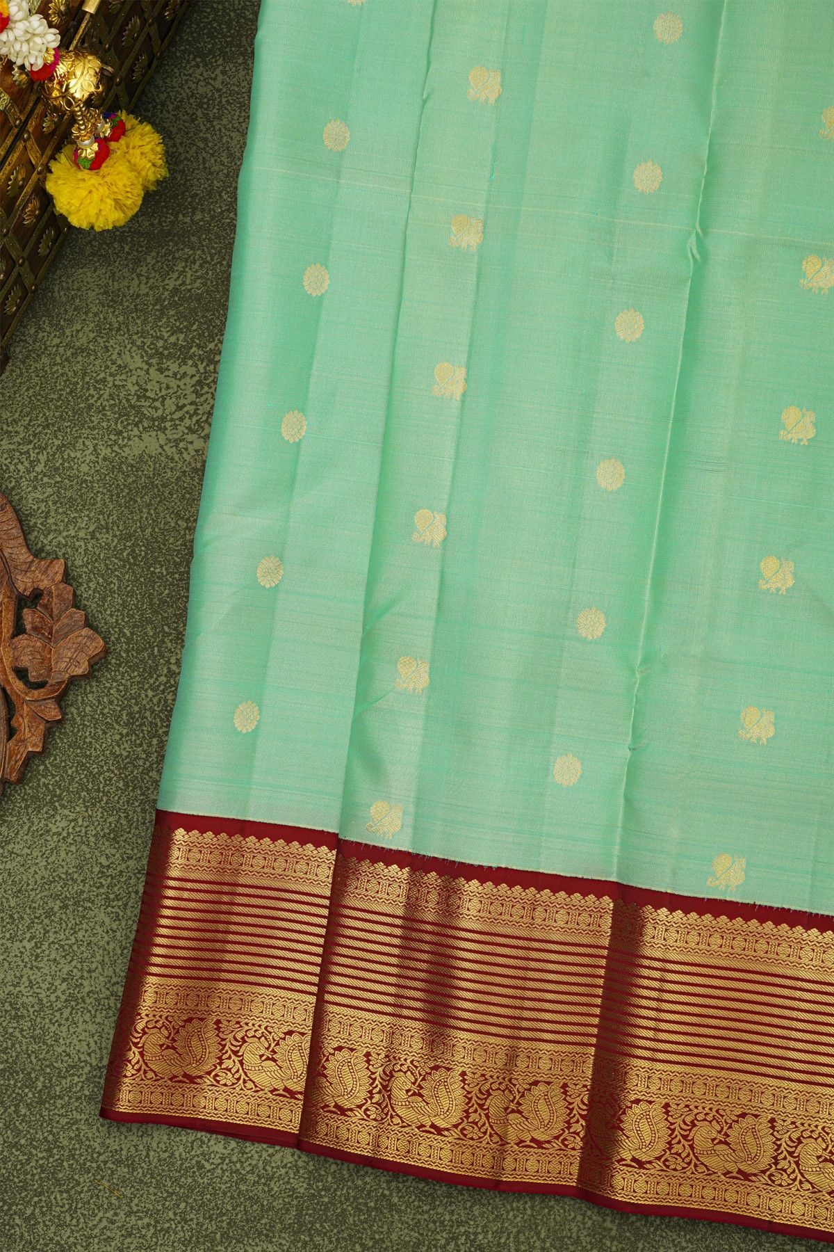 Kancheepuram Silk Sea Green Saree With Zari Lines And Peacocks Border