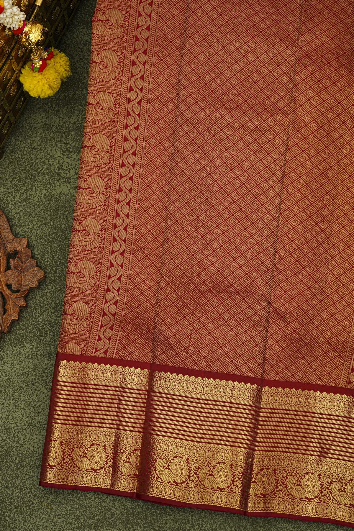 Kancheepuram Silk Sea Green Saree With Zari Lines And Peacocks Border