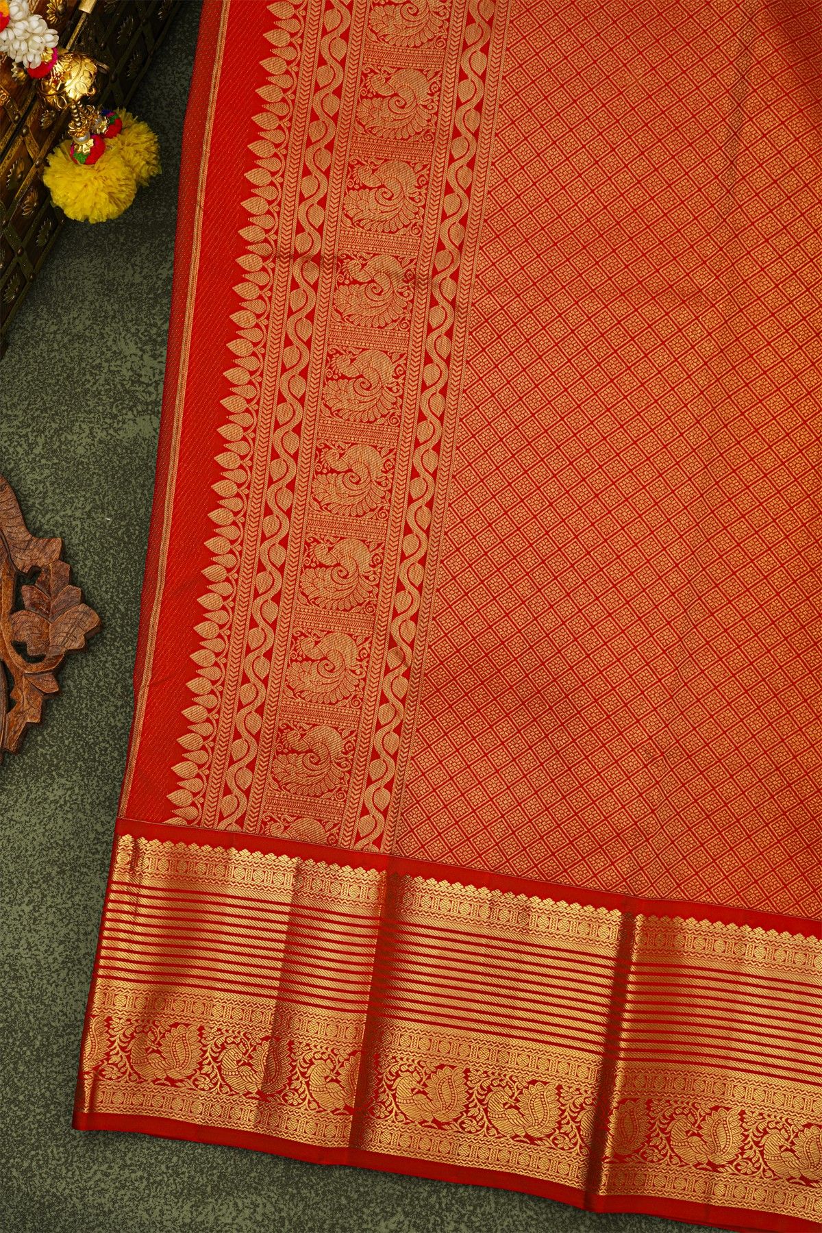Kancheepuram Silk Bottle Green Saree With Florals And Peacocks Buttis Body