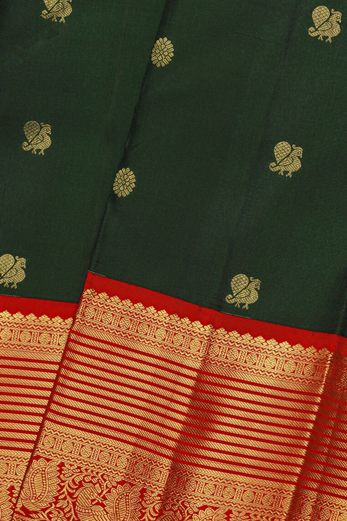 Kancheepuram Silk Bottle Green Saree With Florals And Peacocks Buttis Body