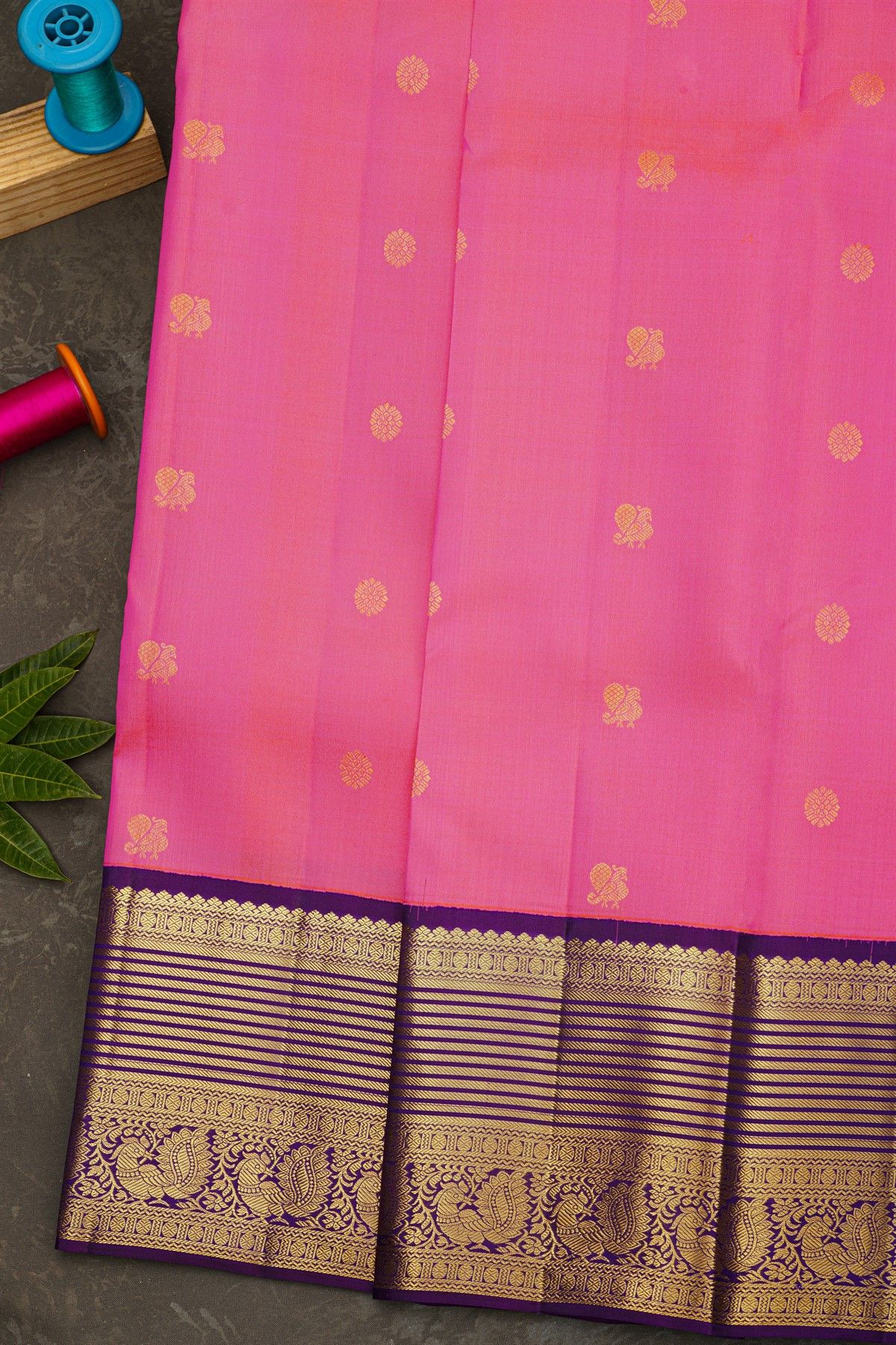 Kancheepuram Silk Pink Saree With Zari Lines And Peacocks Border