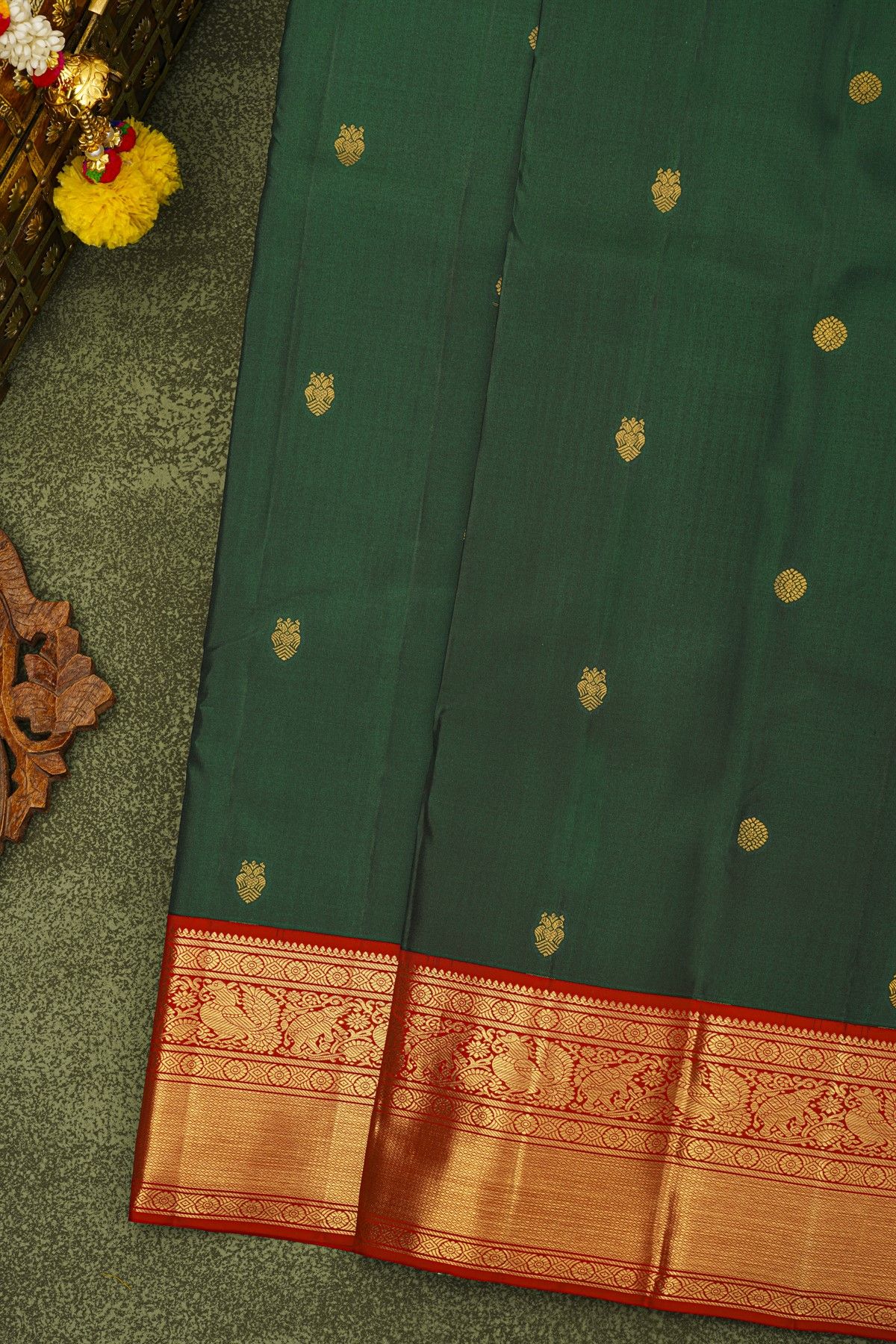 Kancheepuram Silk Bottle Green Saree With Florals And Gandaberunda Buttis Body And Kuttu Border