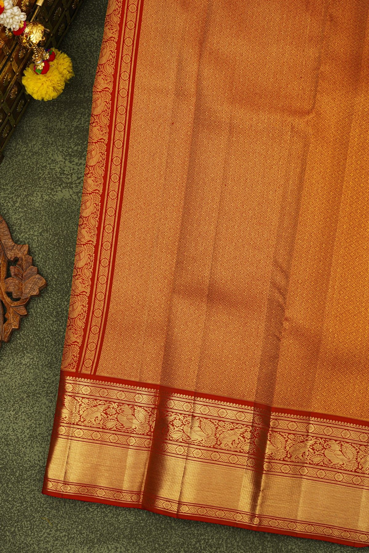 Kancheepuram Silk Bottle Green Saree With Florals And Gandaberunda Buttis Body And Kuttu Border