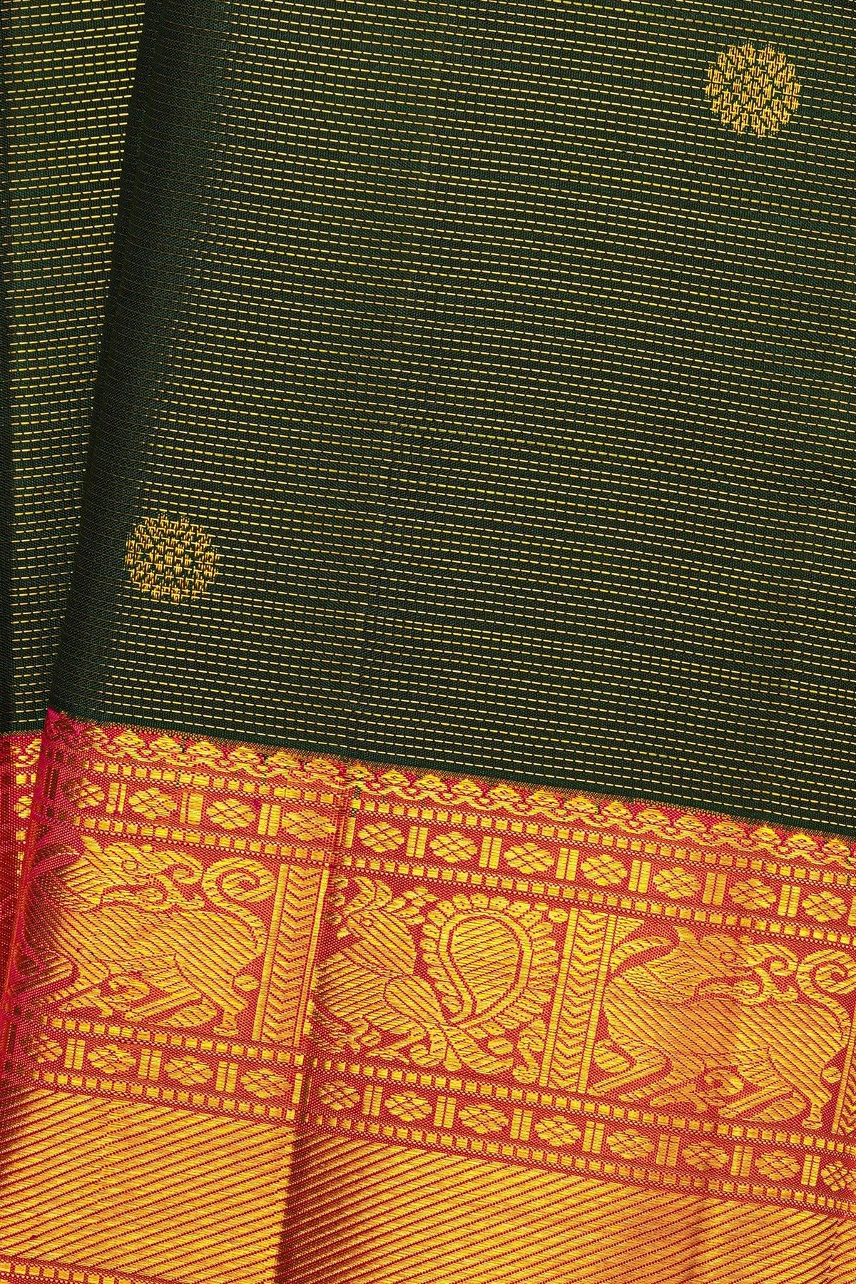 Kancheepuram Silk Bottle Green Saree With Peacocks And Yalis Border