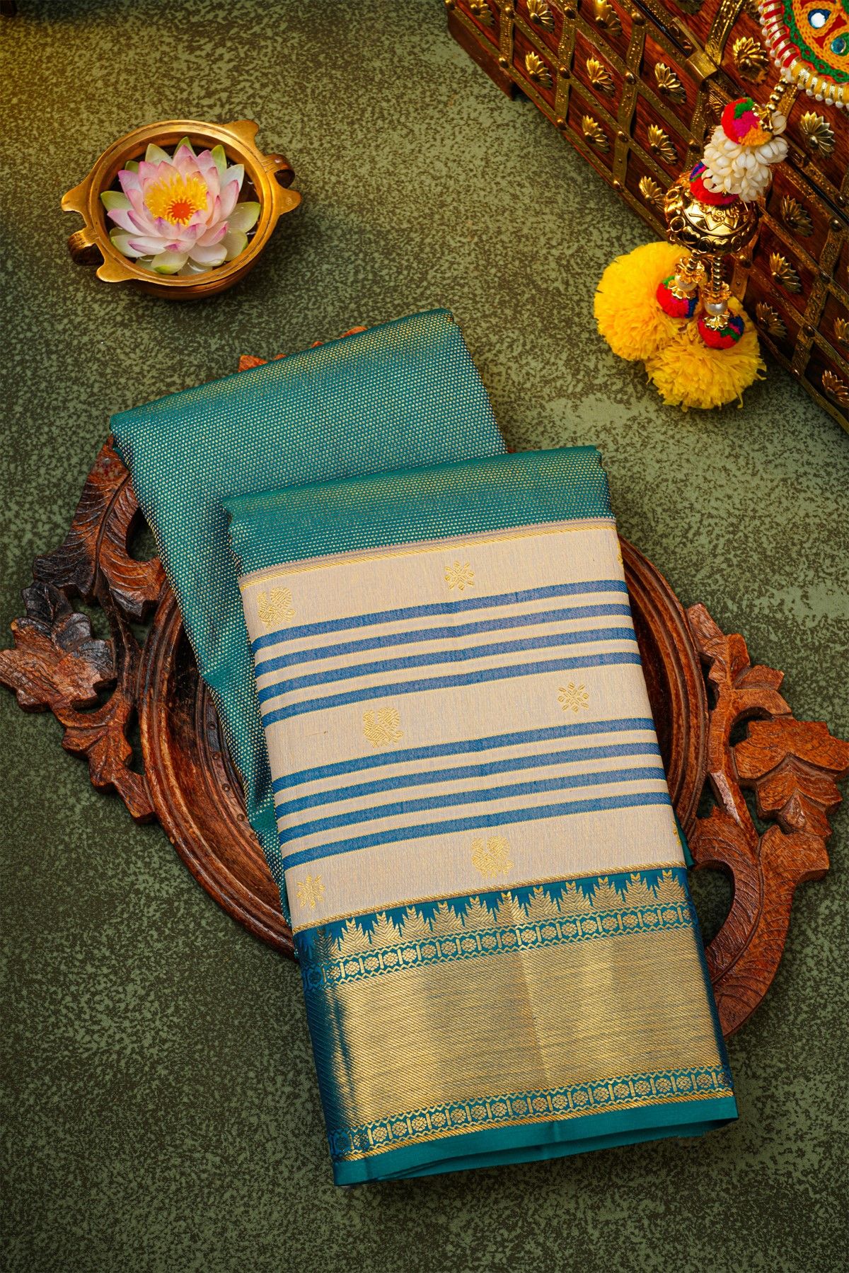 Kancheepuram Silk Teal Blue Saree With Gold Zari Striped Border