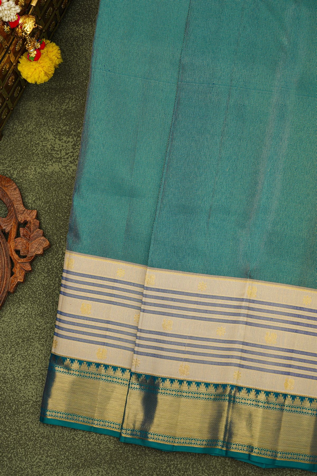 Kancheepuram Silk Teal Blue Saree With Gold Zari Striped Border
