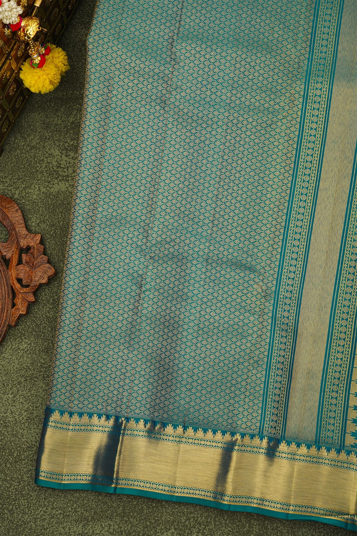 Kancheepuram Silk Teal Blue Saree With Gold Zari Striped Border