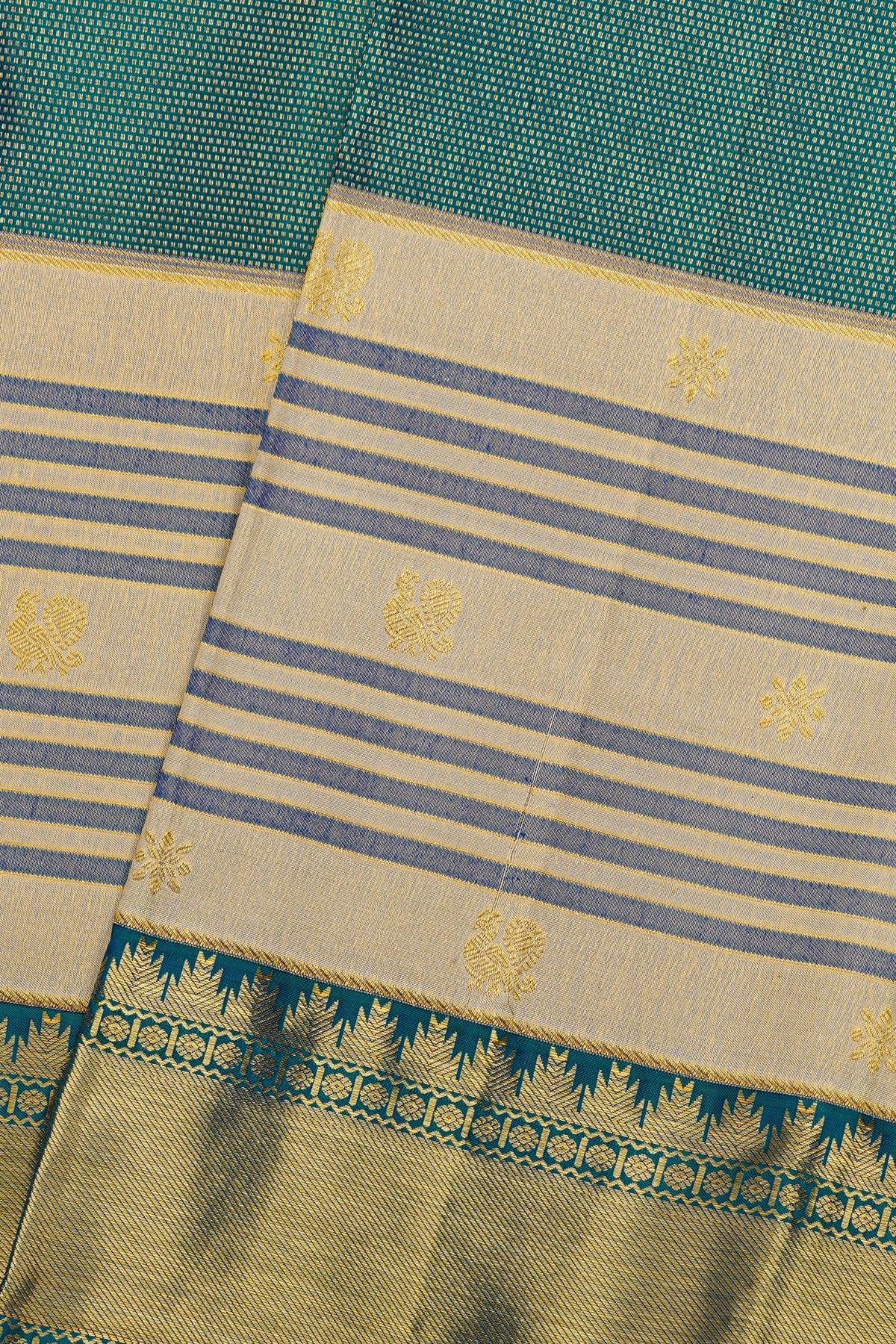 Kancheepuram Silk Teal Blue Saree With Gold Zari Striped Border