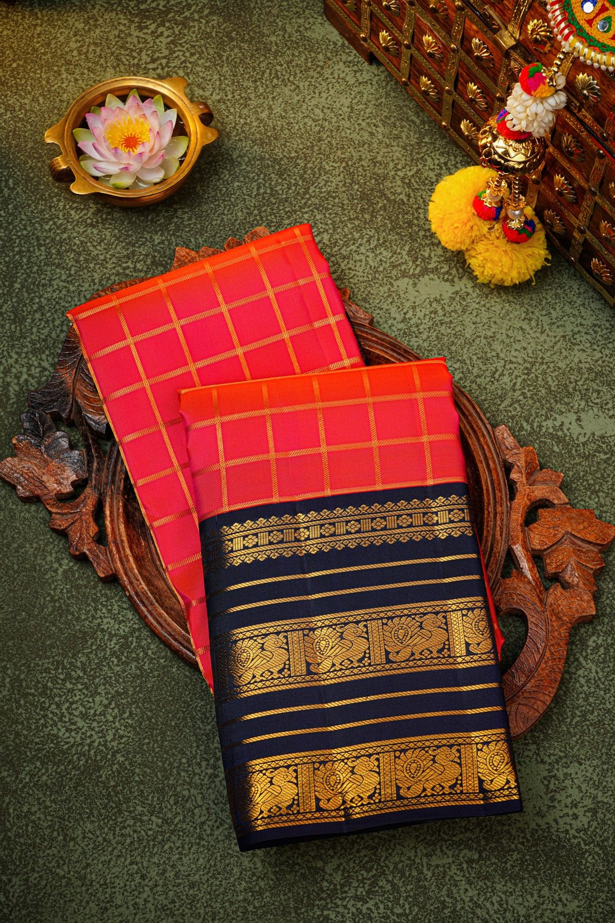 Kancheepuram Silk Orange Saree With Zari Lines And Peacocks Border