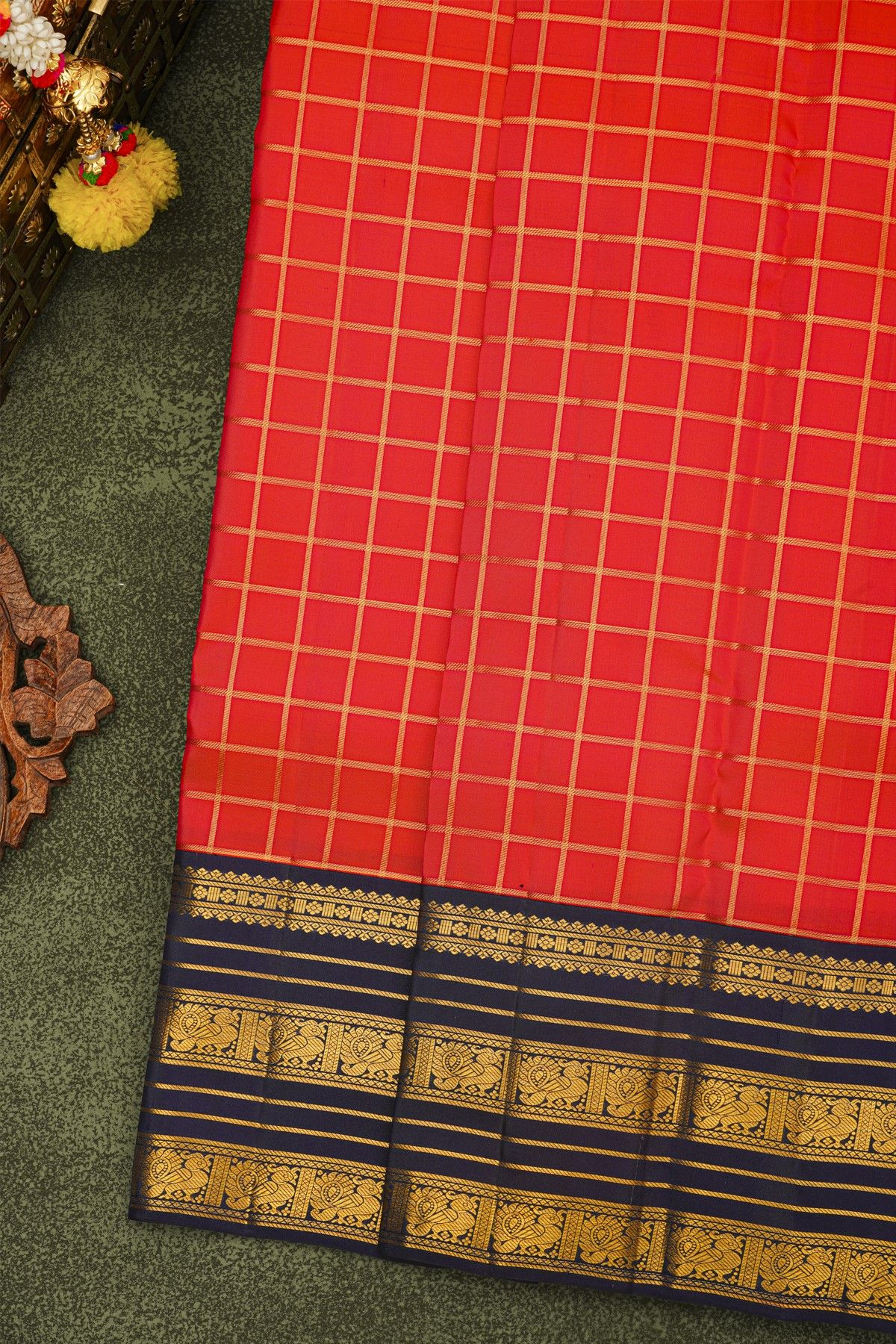 Kancheepuram Silk Orange Saree With Zari Lines And Peacocks Border