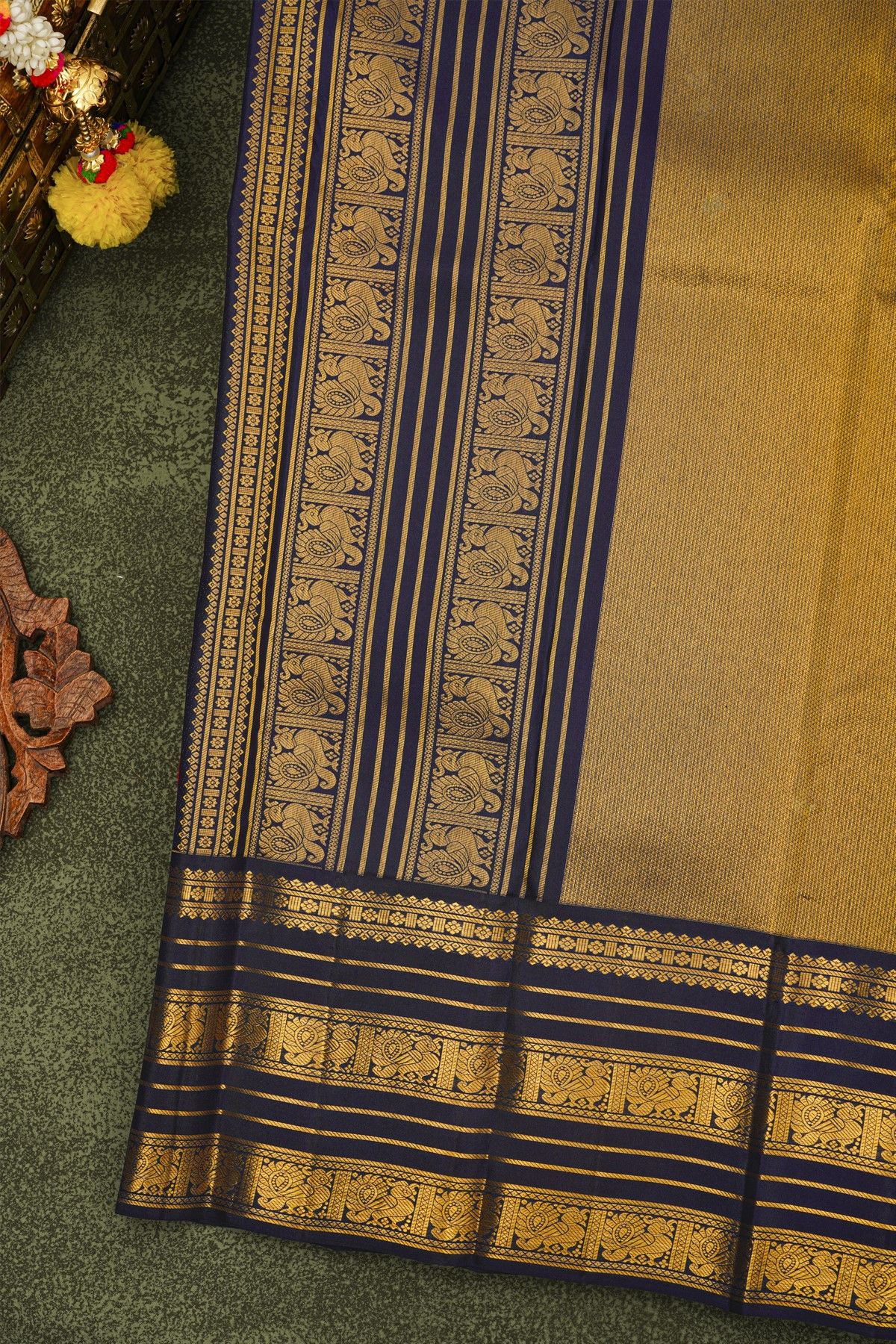 Kancheepuram Silk Orange Saree With Zari Lines And Peacocks Border