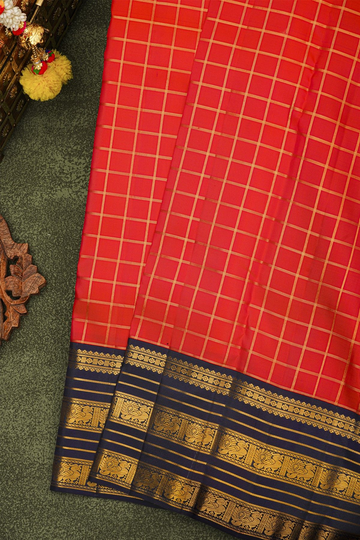 Kancheepuram Silk Orange Saree With Zari Lines And Peacocks Border