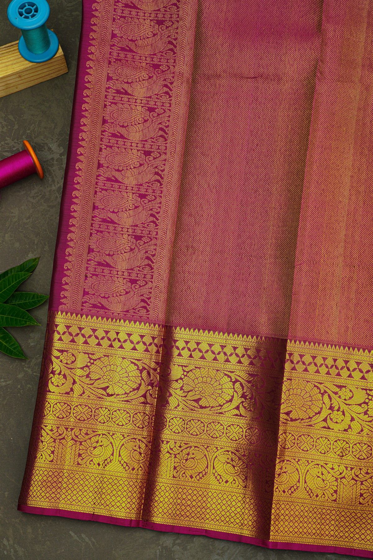 Kancheepuram Silk Bottle Green Saree With Florals And Leaves Jaal Border
