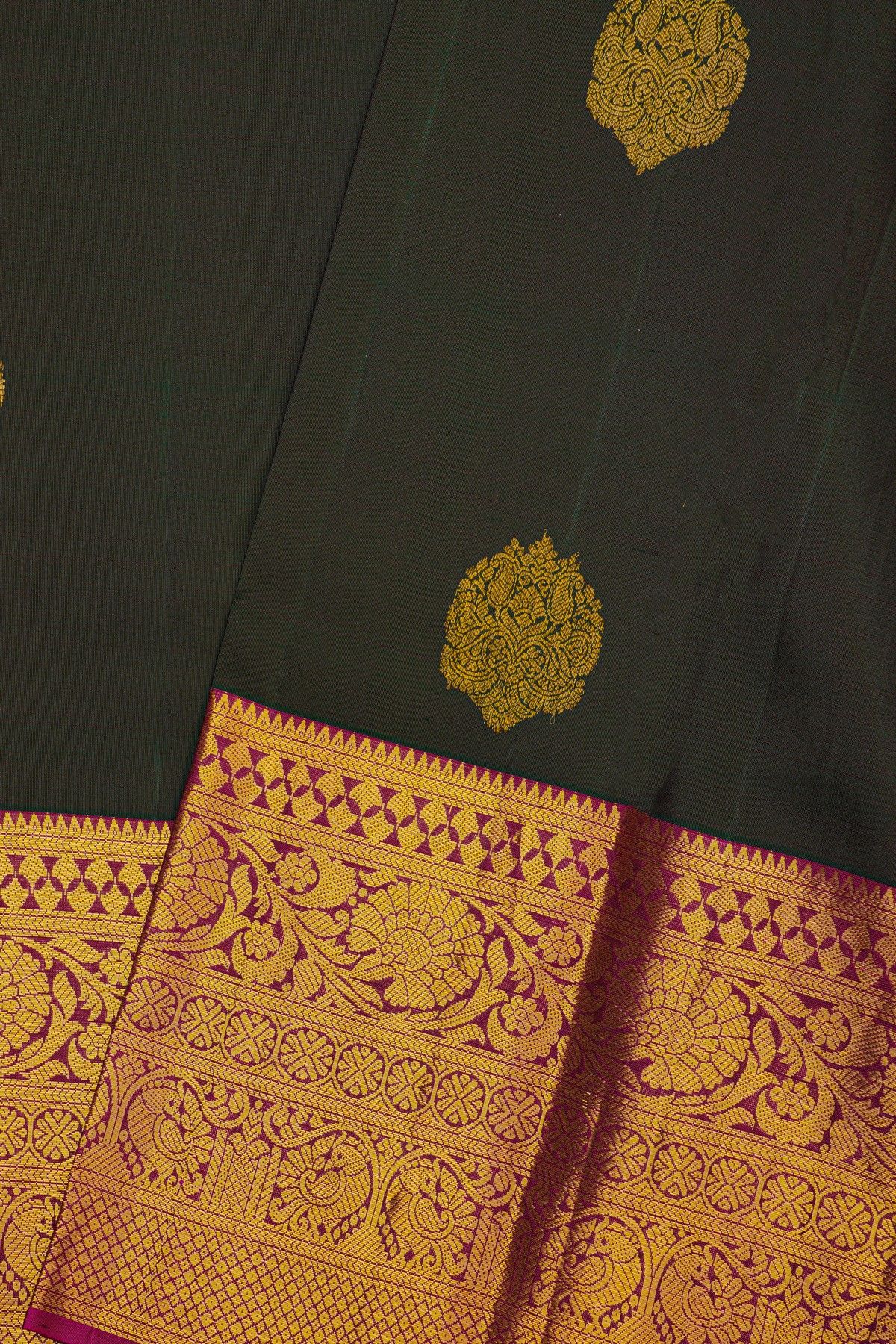 Kancheepuram Silk Bottle Green Saree With Florals And Leaves Jaal Border