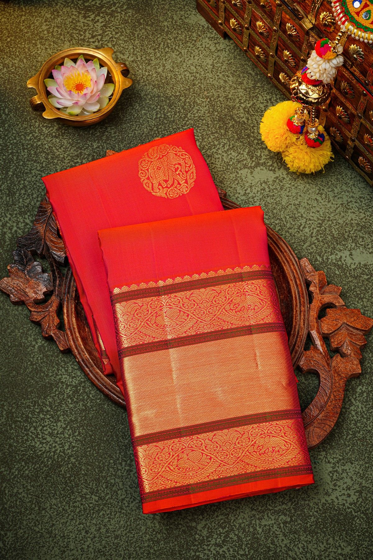 Kancheepuram Silk Pinkish Red Saree With Florals And Elephants Body And Self Border