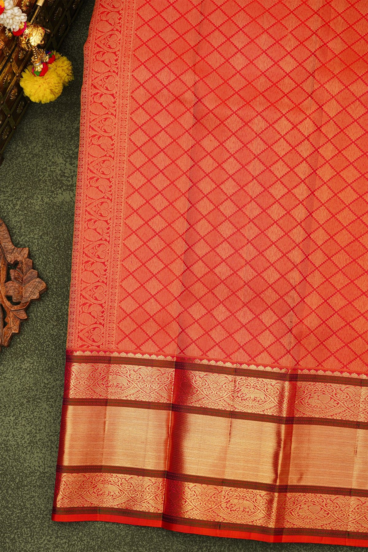 Kancheepuram Silk Pinkish Red Saree With Florals And Elephants Body And Self Border