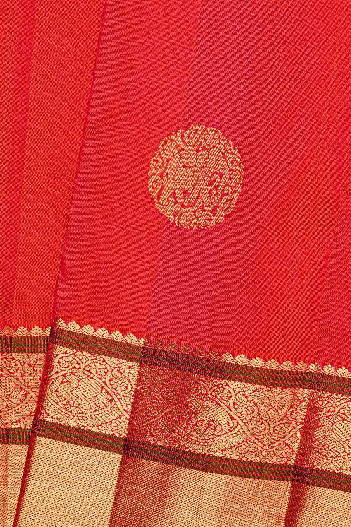 Kancheepuram Silk Pinkish Red Saree With Florals And Elephants Body And Self Border