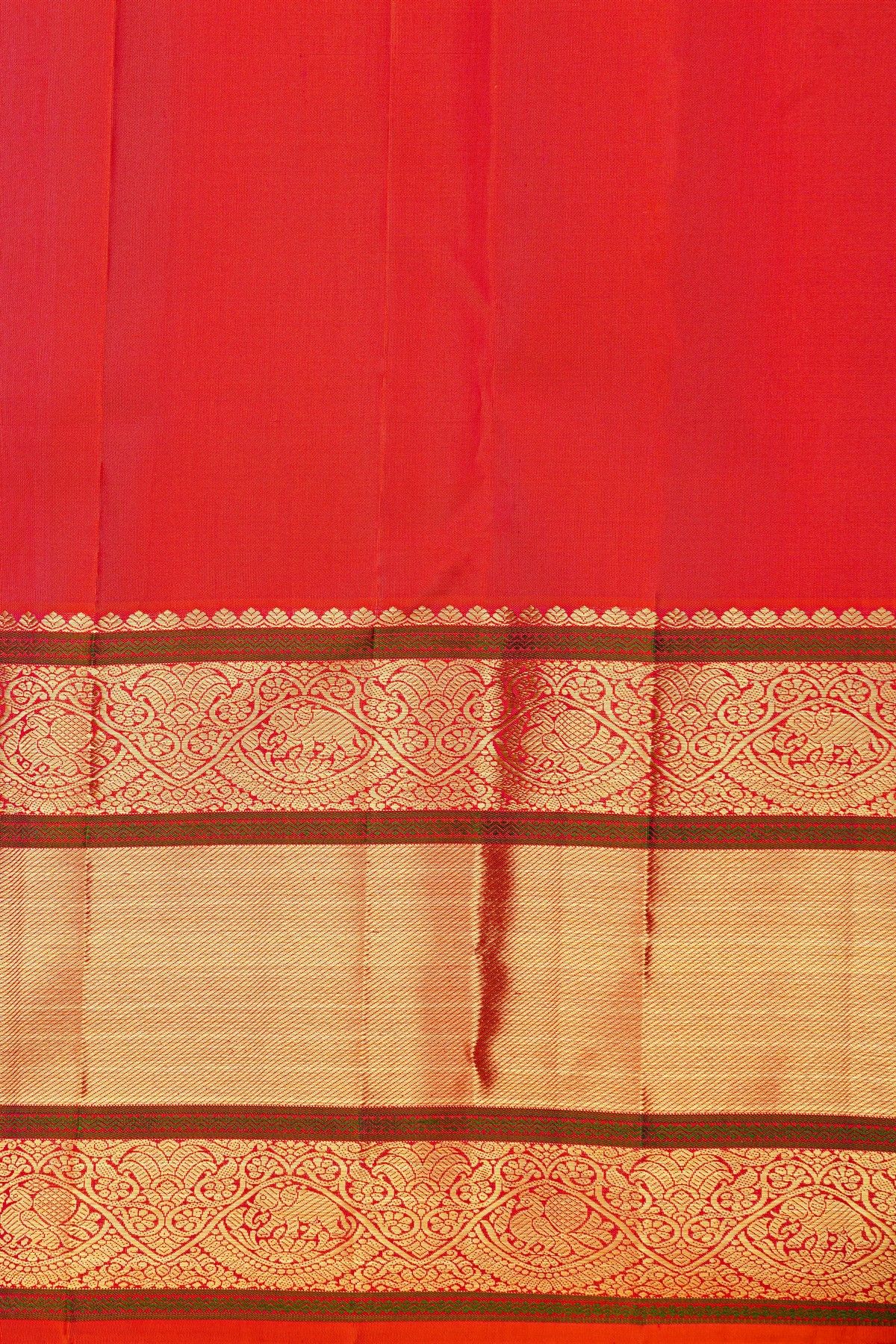 Kancheepuram Silk Pinkish Red Saree With Florals And Elephants Body And Self Border