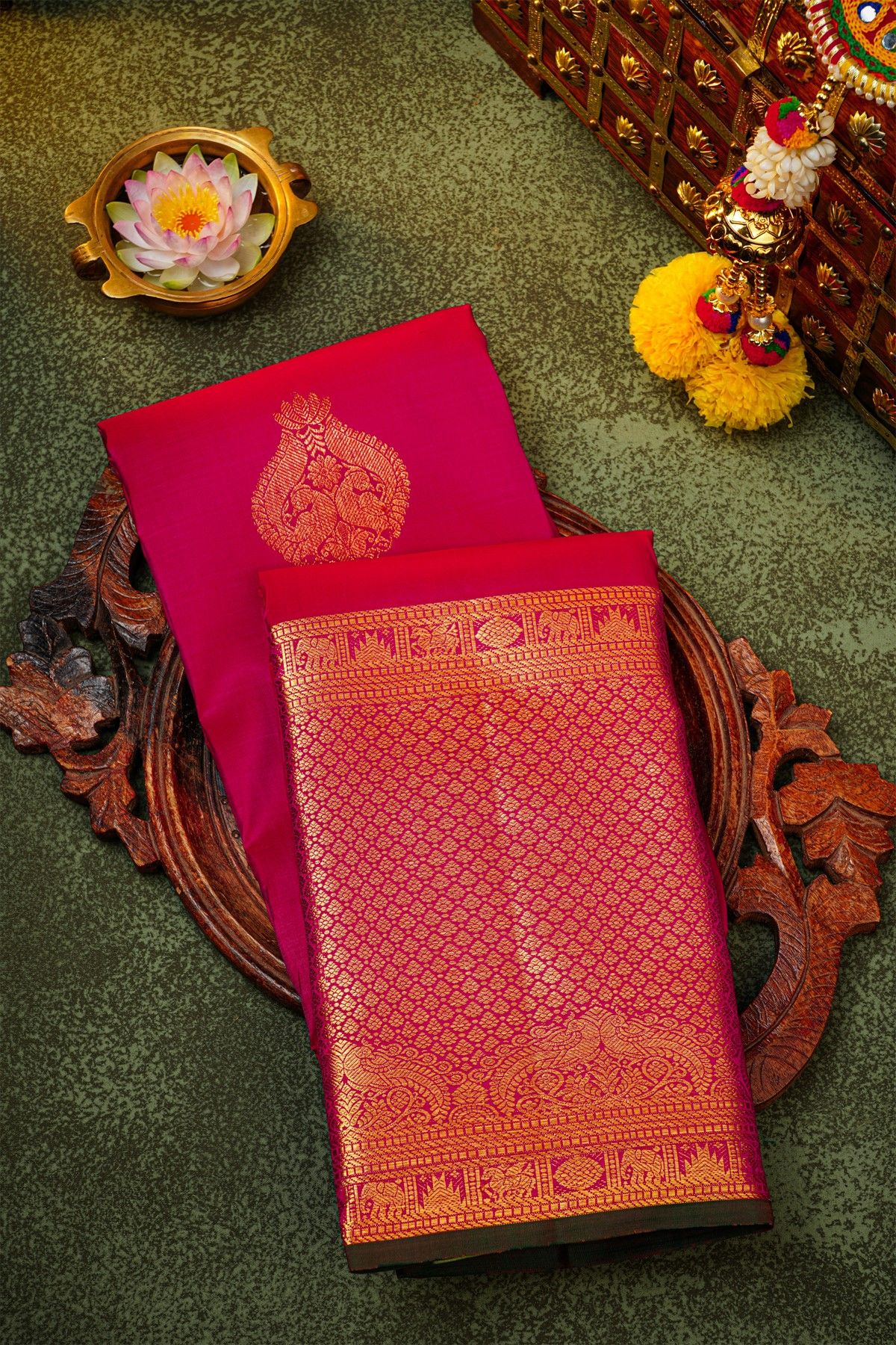 Kancheepuram Silk Magenta Saree With Florals And Peacocks Body