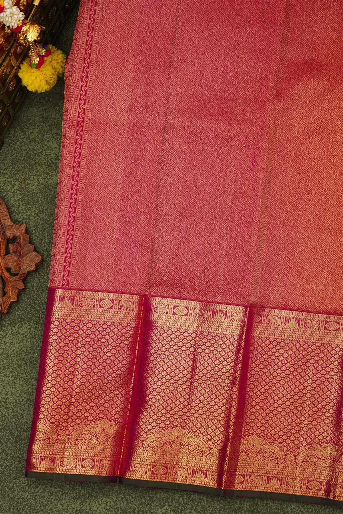 Kancheepuram Silk Magenta Saree With Florals And Peacocks Body