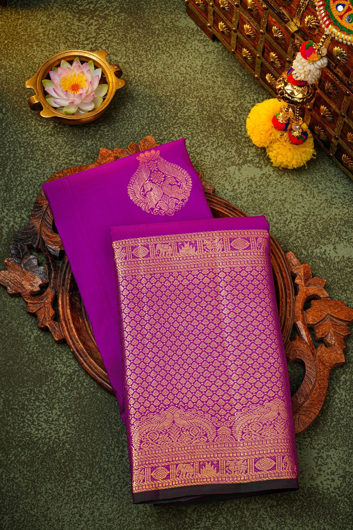 Kancheepuram Silk Lavender Saree With Florals And Peacocks Body And Self Long Border