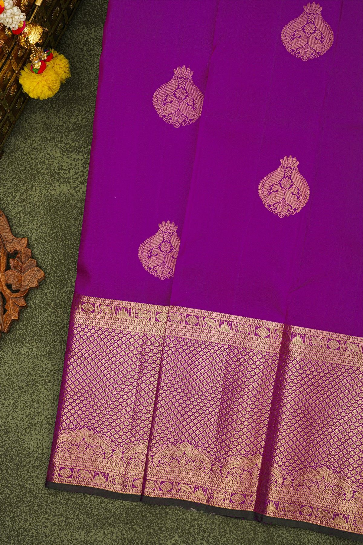 Kancheepuram Silk Lavender Saree With Florals And Peacocks Body And Self Long Border