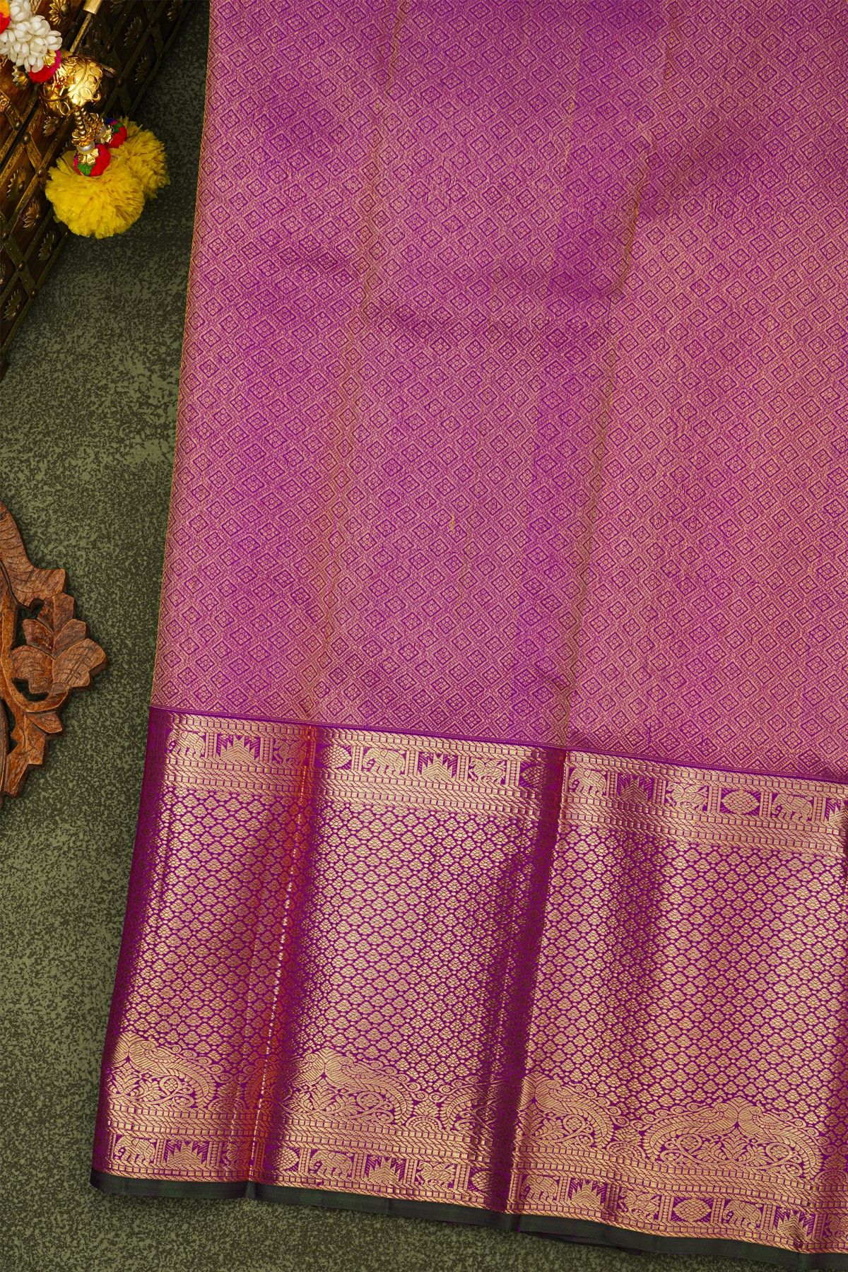 Kancheepuram Silk Lavender Saree With Florals And Peacocks Body And Self Long Border
