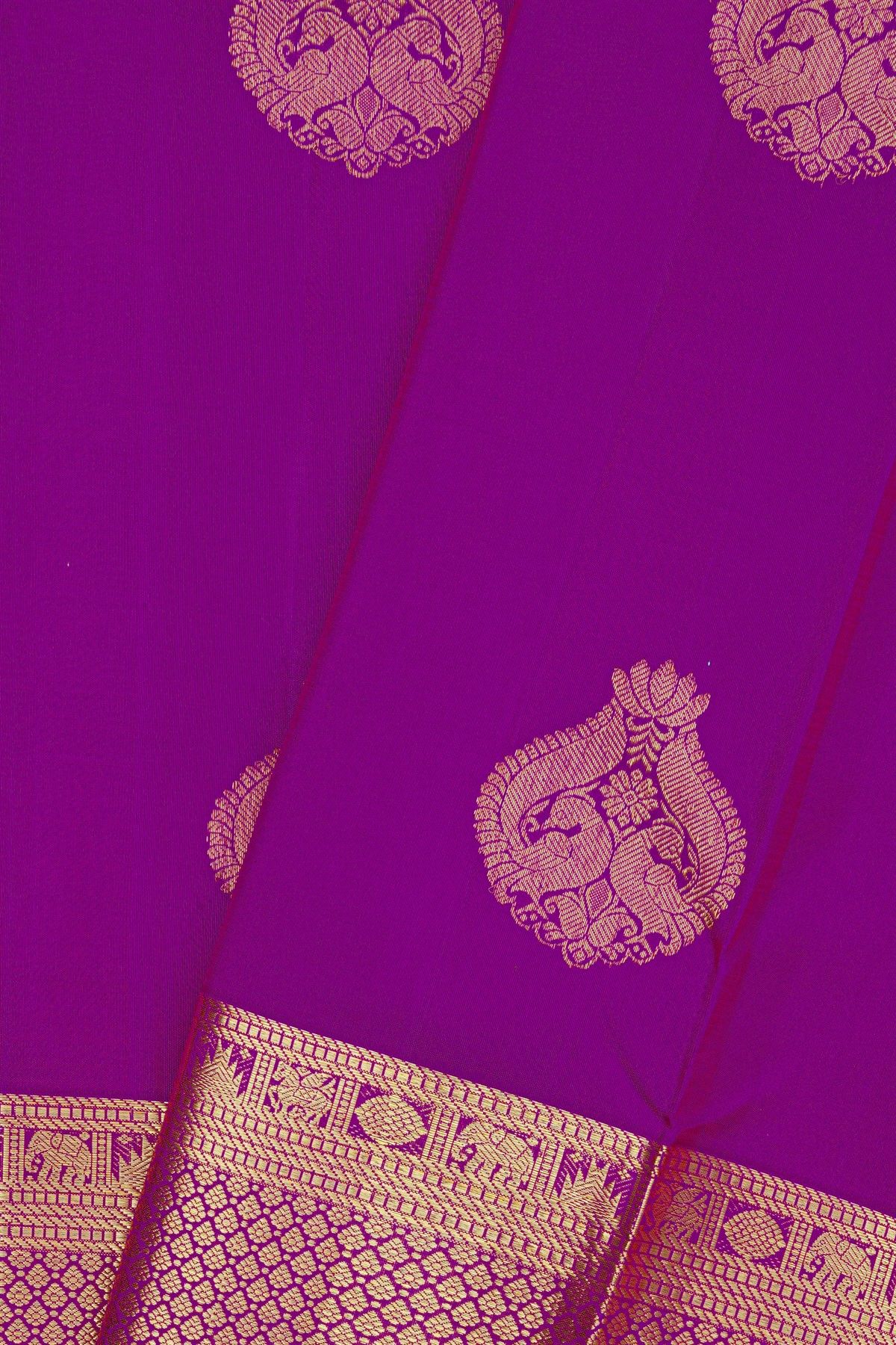 Kancheepuram Silk Lavender Saree With Florals And Peacocks Body And Self Long Border