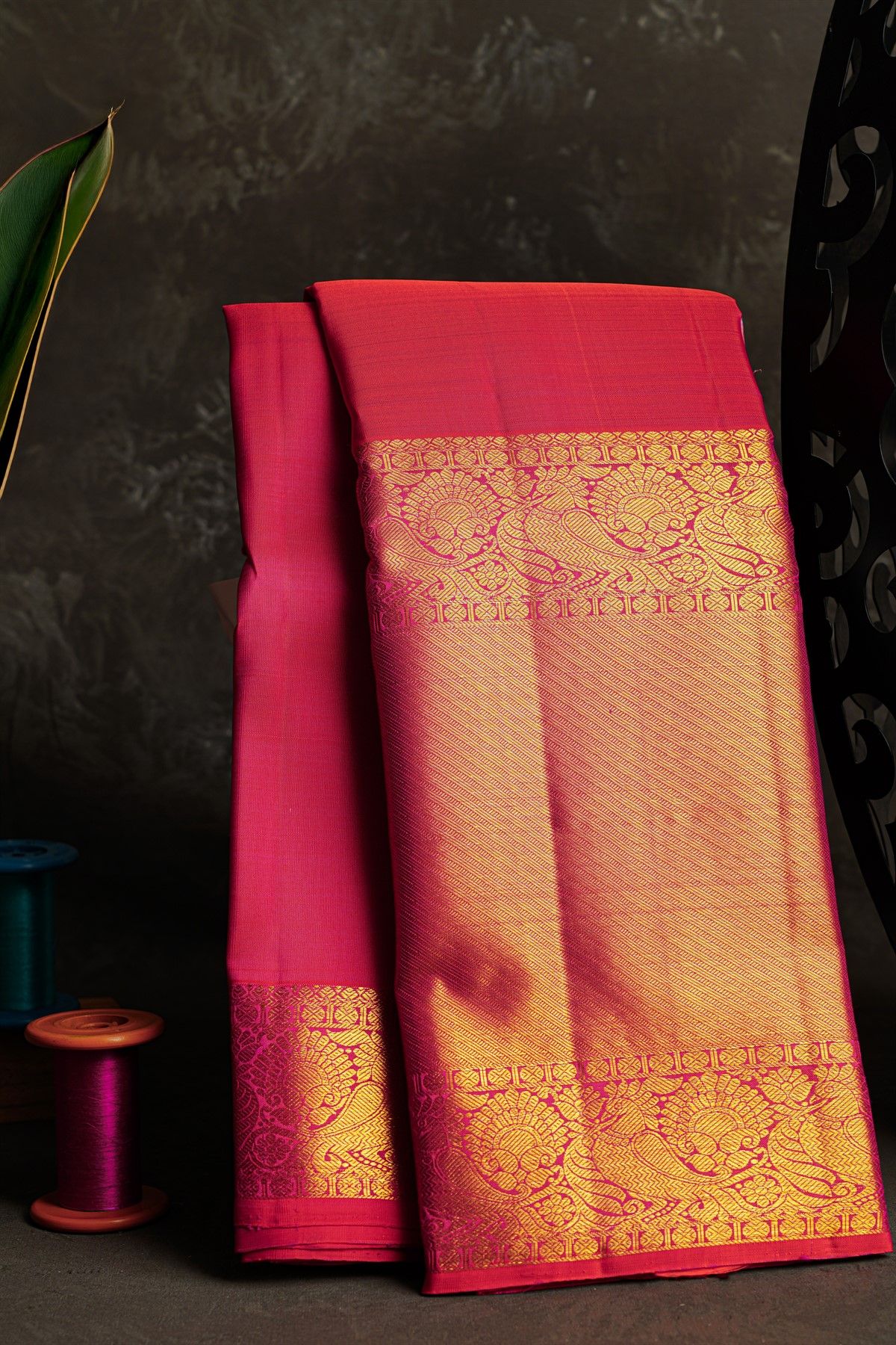 Kancheepuram Silk Pink Saree With Zari Lines And Peacocks Border