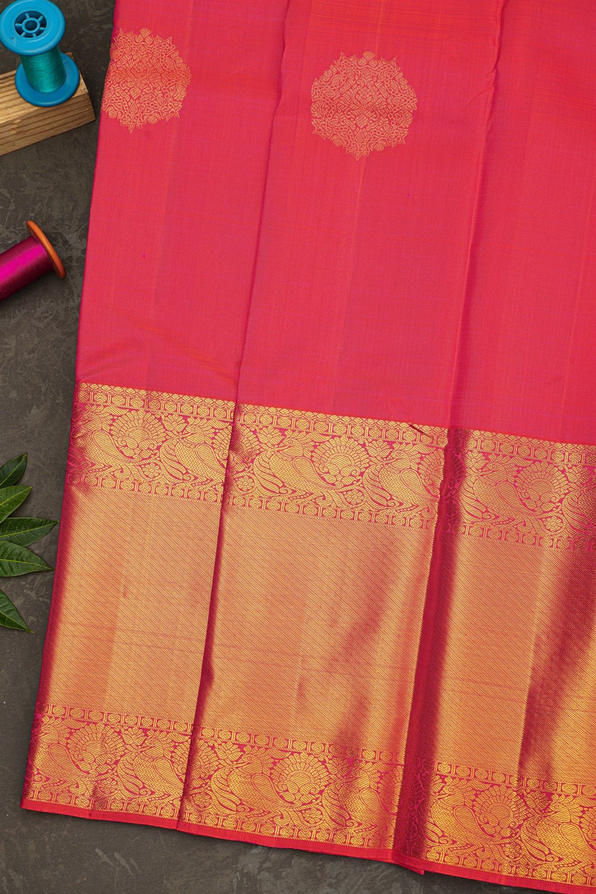 Kancheepuram Silk Pink Saree With Zari Lines And Peacocks Border