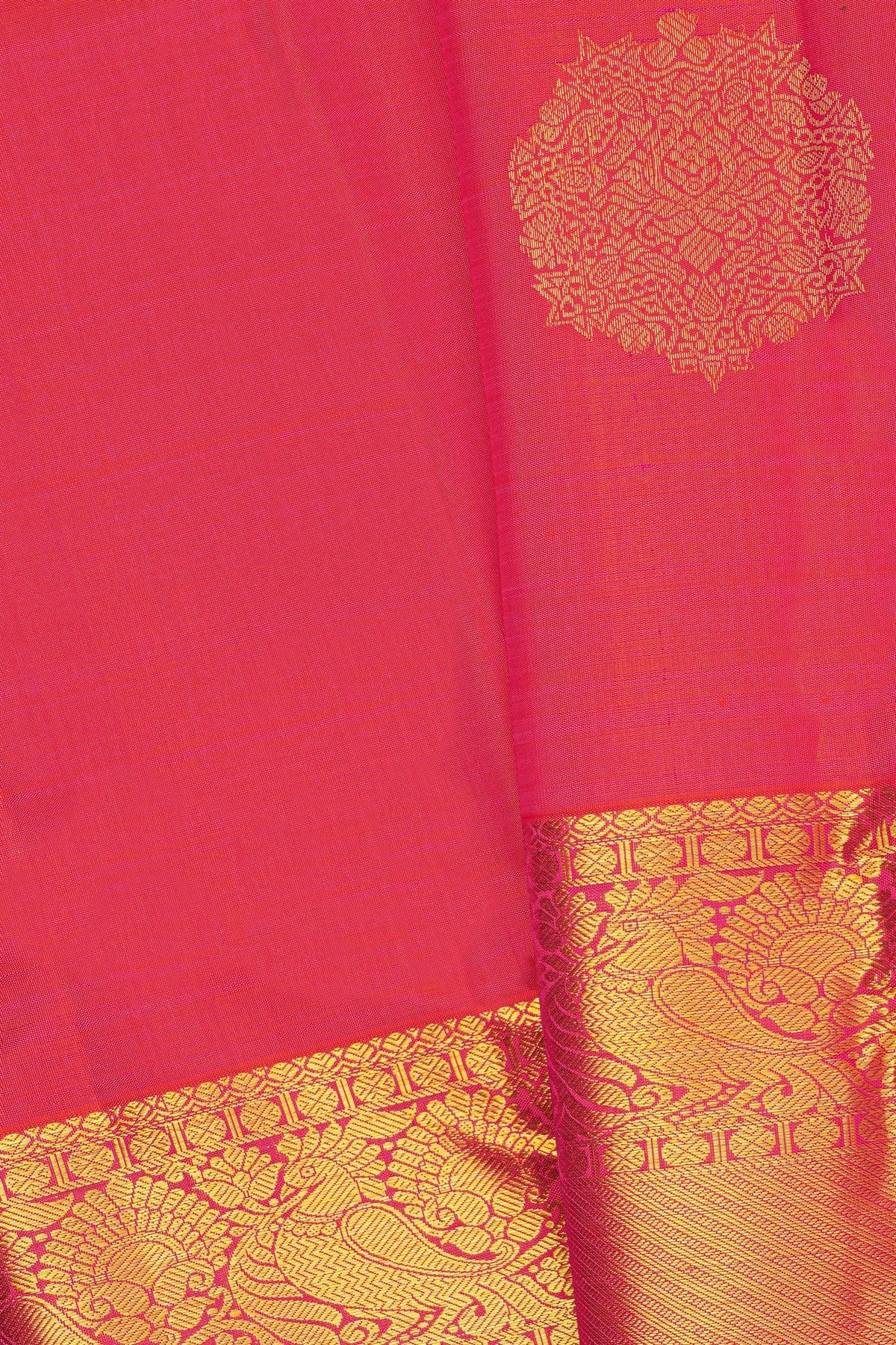 Kancheepuram Silk Pink Saree With Zari Lines And Peacocks Border