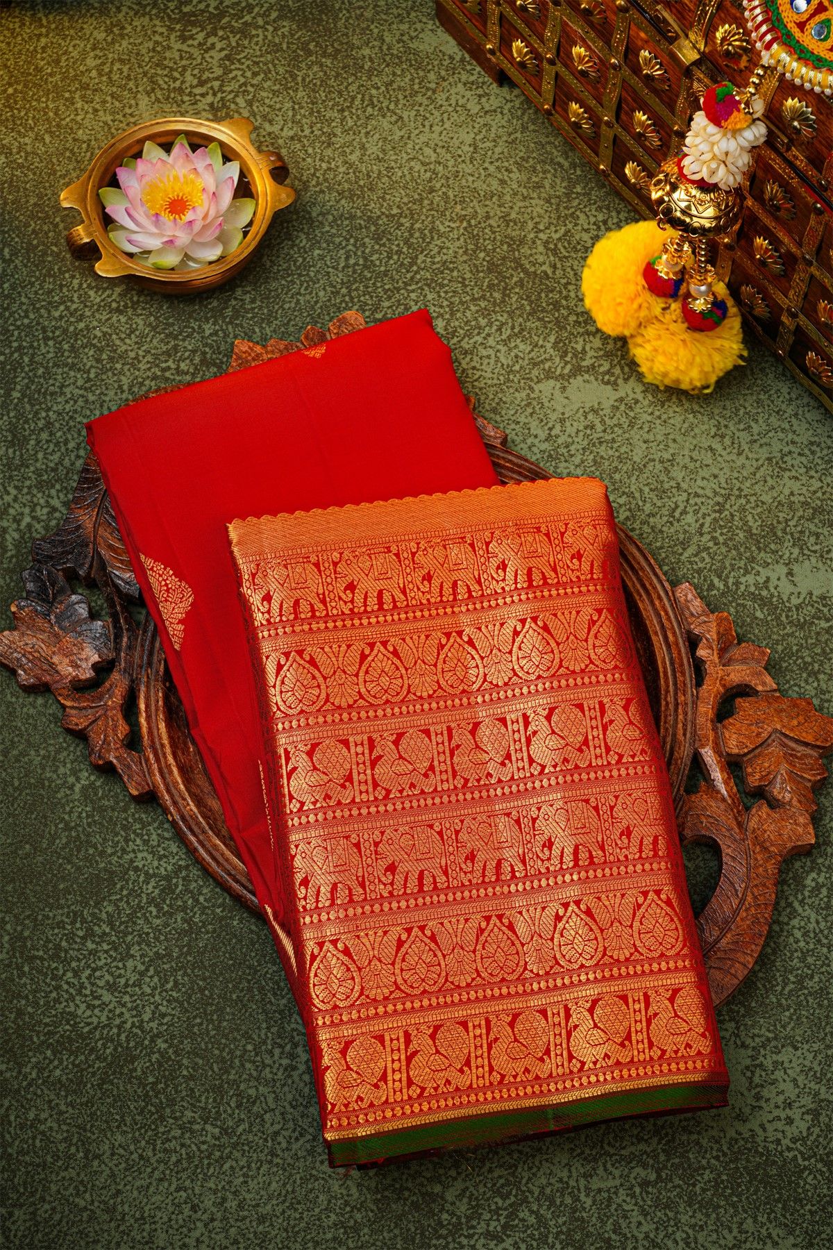 Kancheepuram Silk Red Saree With Traditional Border