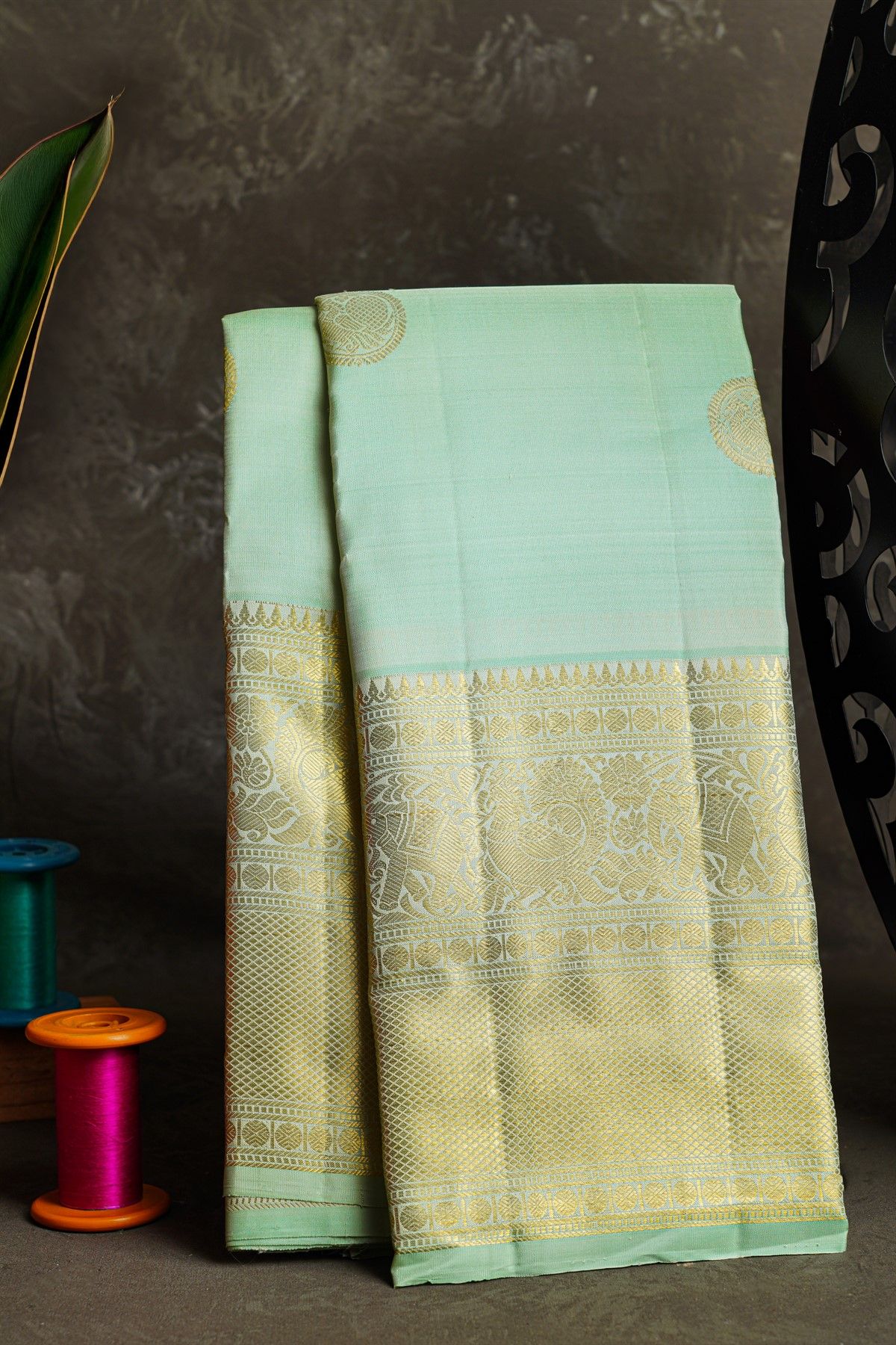 Kancheepuram Silk Mint Green Saree With Self Border