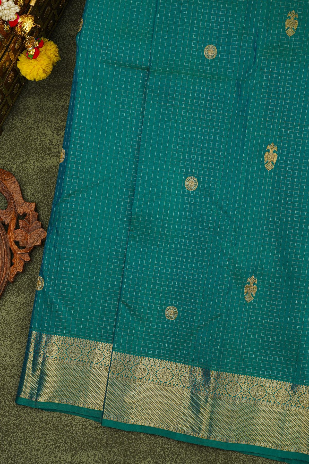 Kancheepuram Silk Sea Blue Saree With Florals And Peacocks In Checks Body