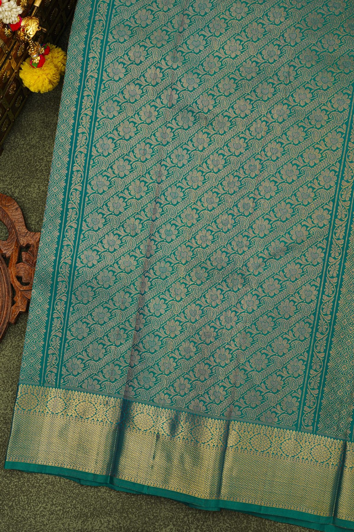 Kancheepuram Silk Sea Blue Saree With Florals And Peacocks In Checks Body