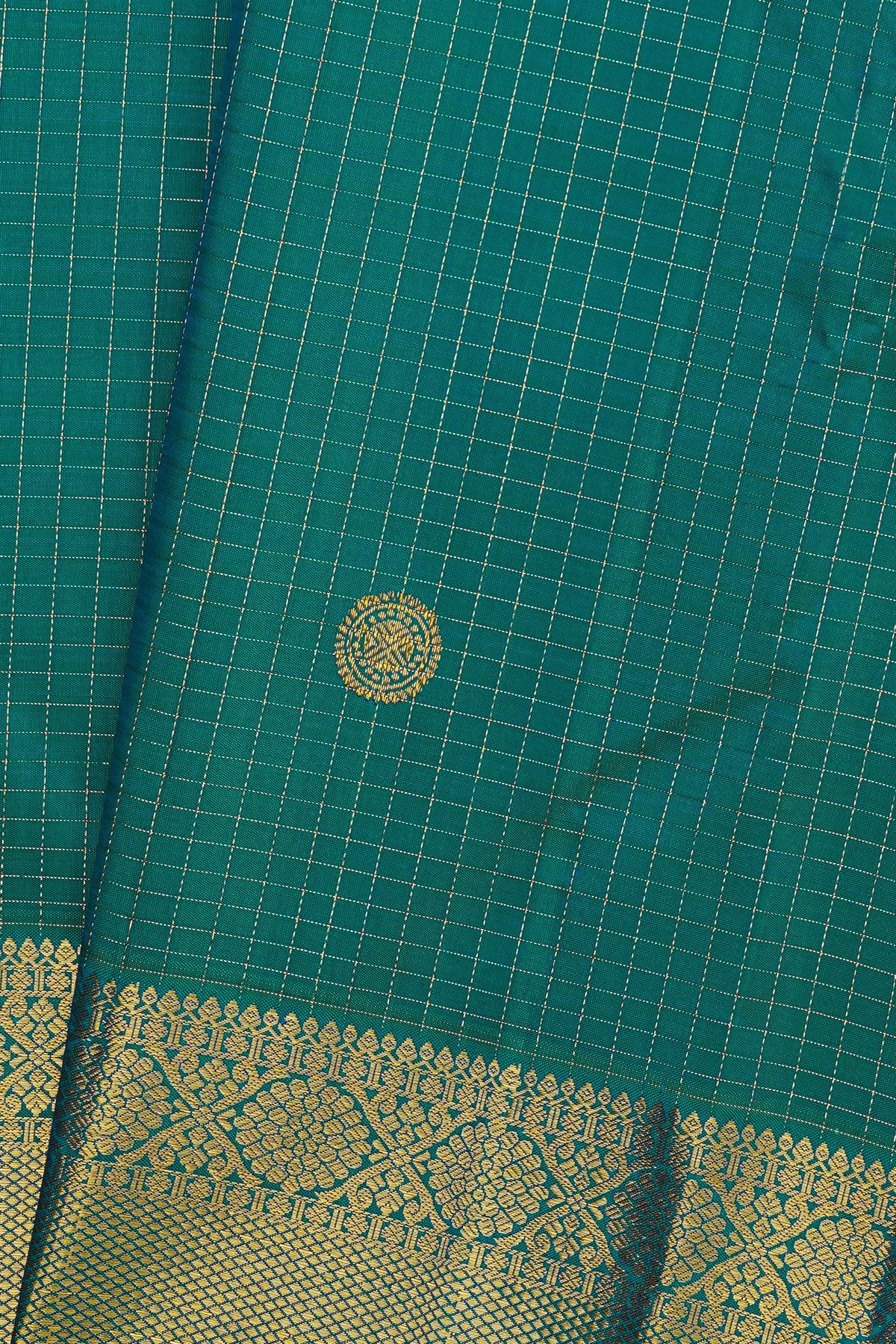Kancheepuram Silk Sea Blue Saree With Florals And Peacocks In Checks Body