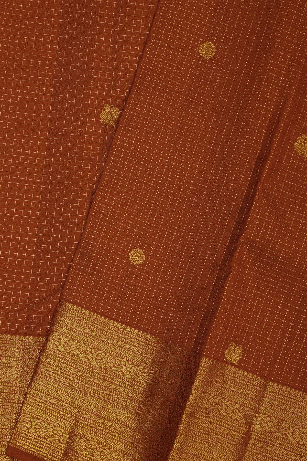 Kancheepuram Silk Rust Brown Saree With Checks Florals And Buttis Body