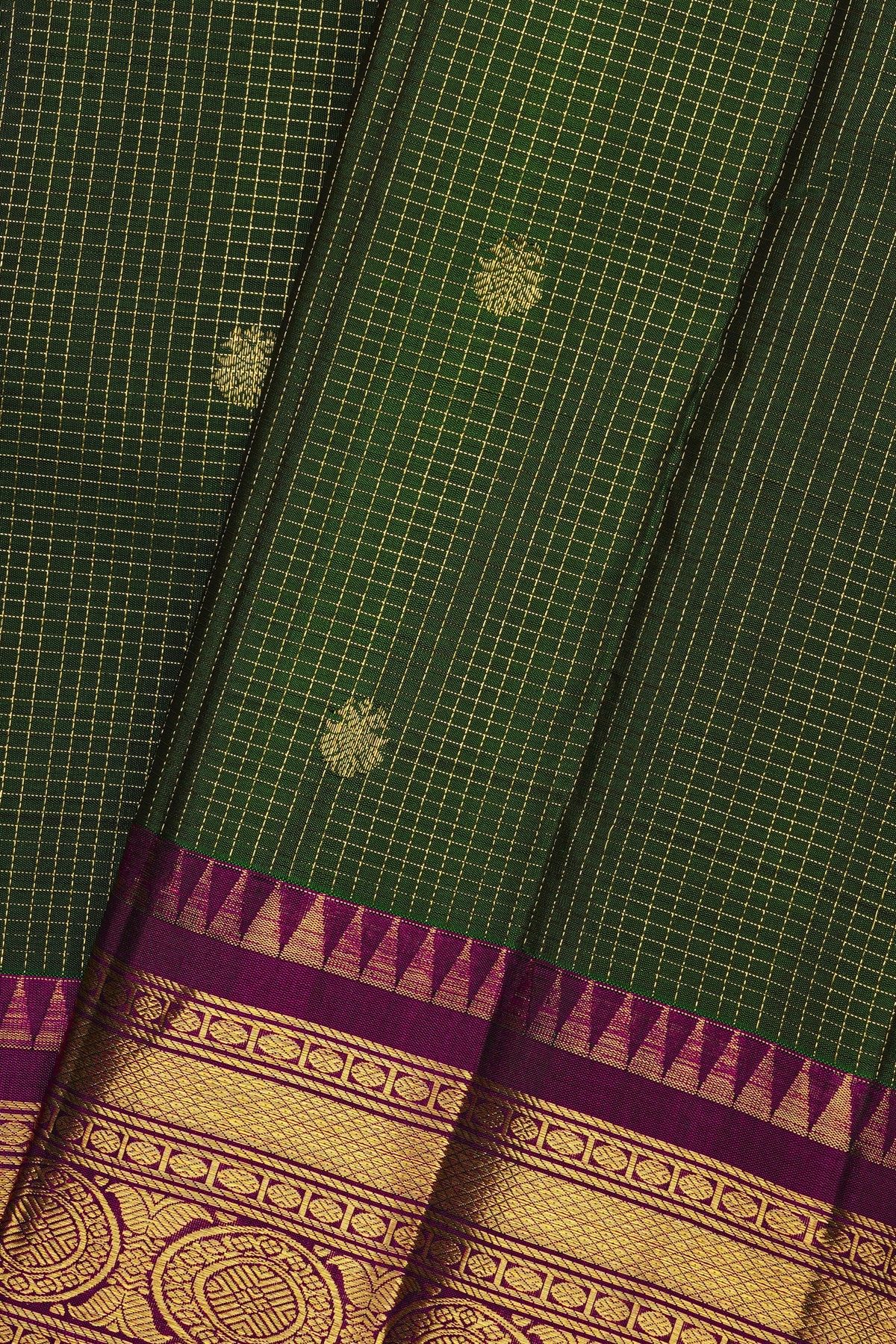 Kancheepuram Silk Bottle Green Saree With Checks And Floral Buttis Body