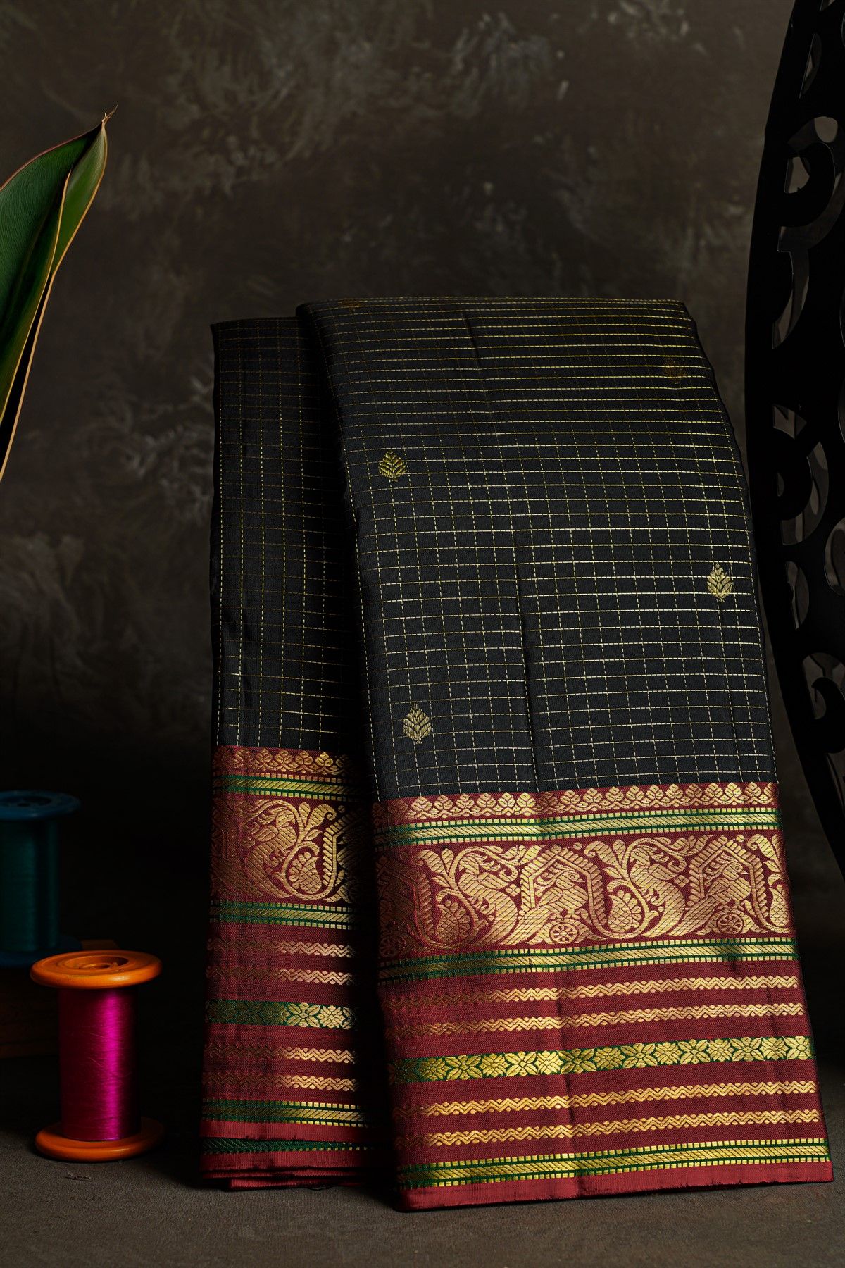 Kancheepuram Silk Black Saree With Florals And Buttis In Checks Body