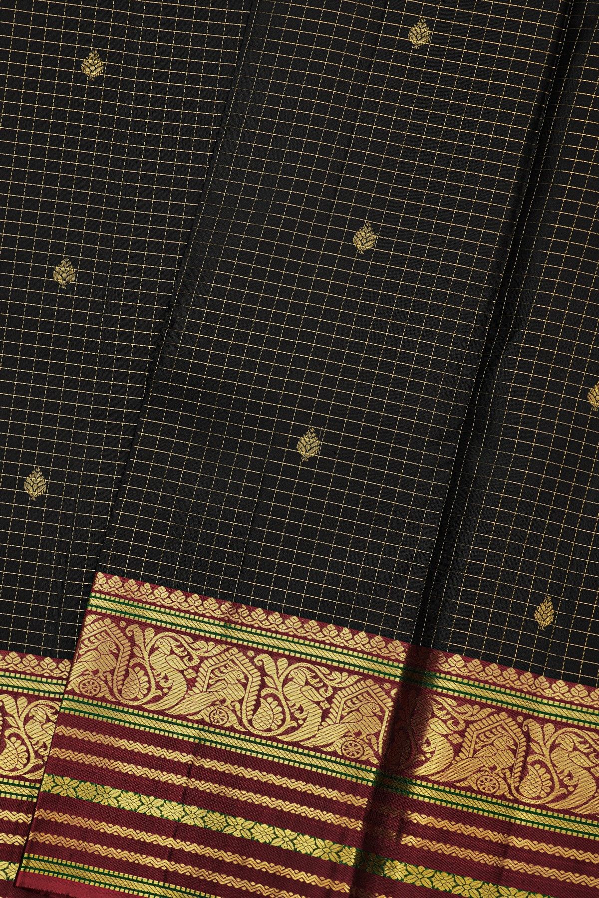 Kancheepuram Silk Black Saree With Florals And Buttis In Checks Body
