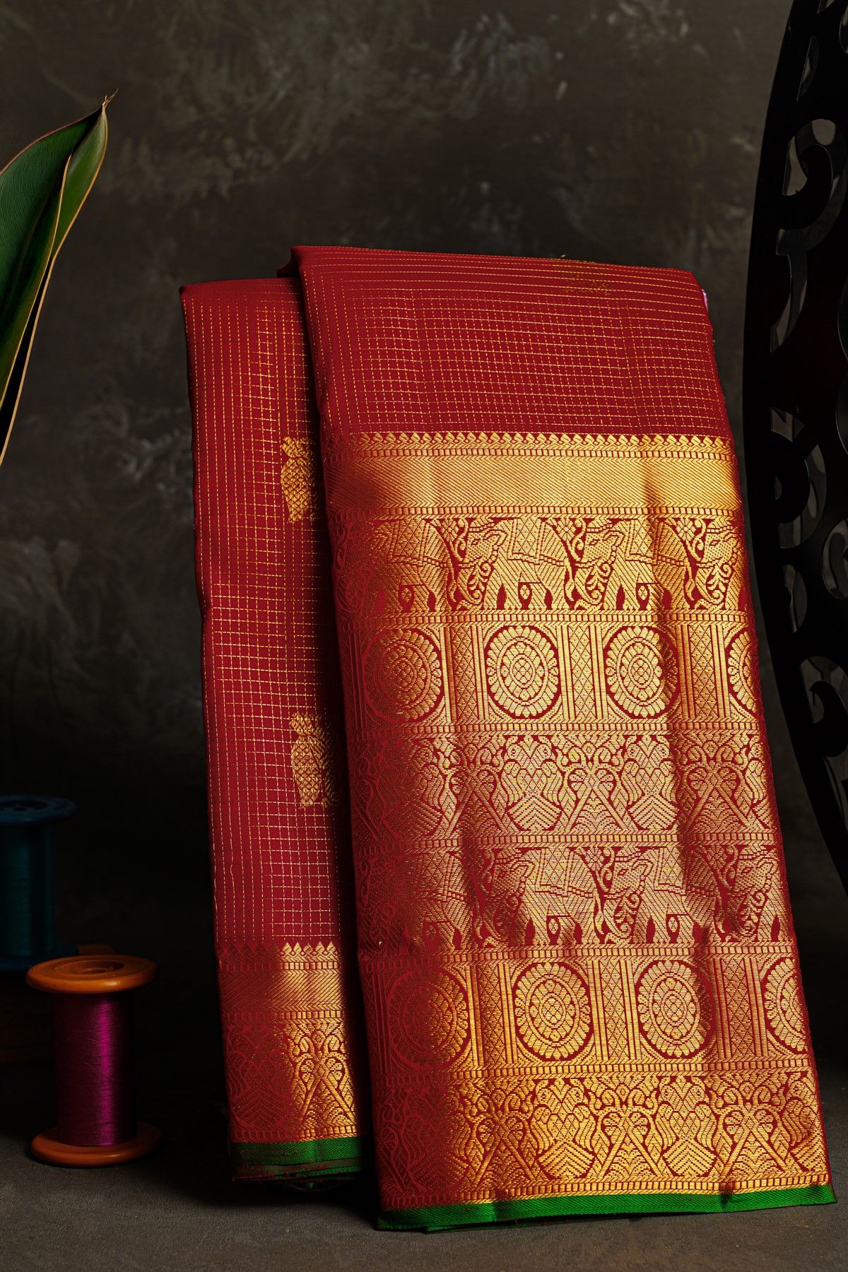 Kancheepuram Silk Maroon Saree With Florals And Elephants Traditional Long Border