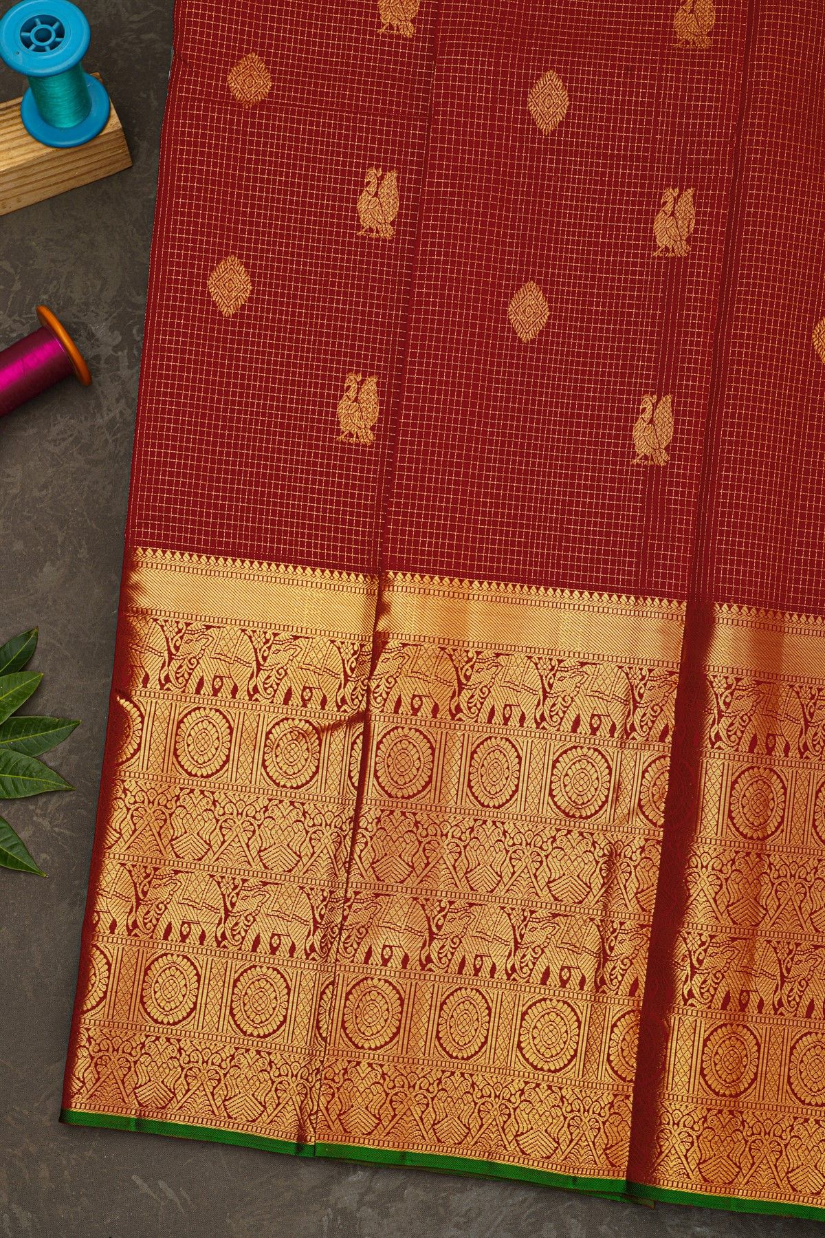 Kancheepuram Silk Maroon Saree With Florals And Elephants Traditional Long Border