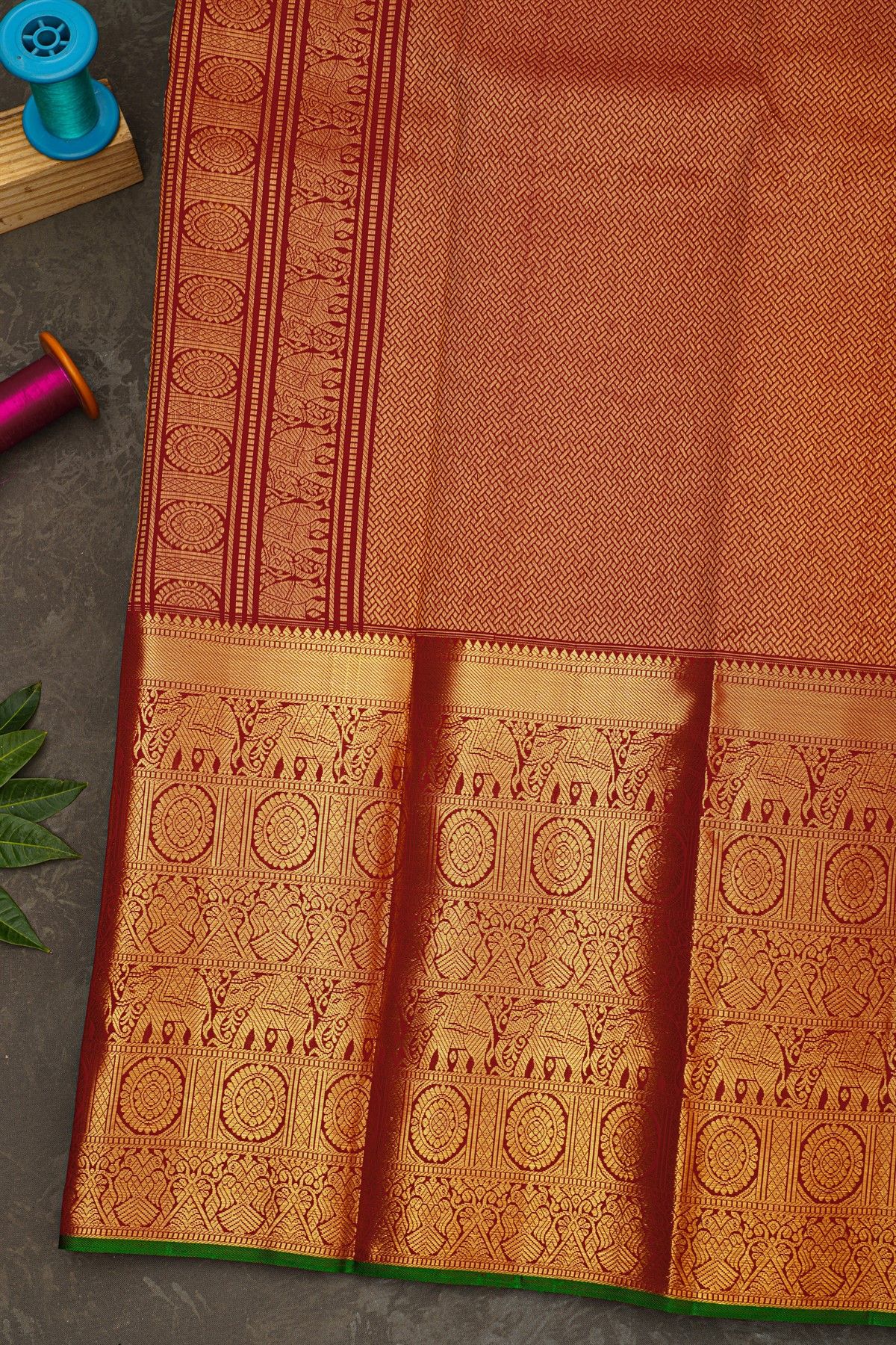 Kancheepuram Silk Maroon Saree With Florals And Elephants Traditional Long Border