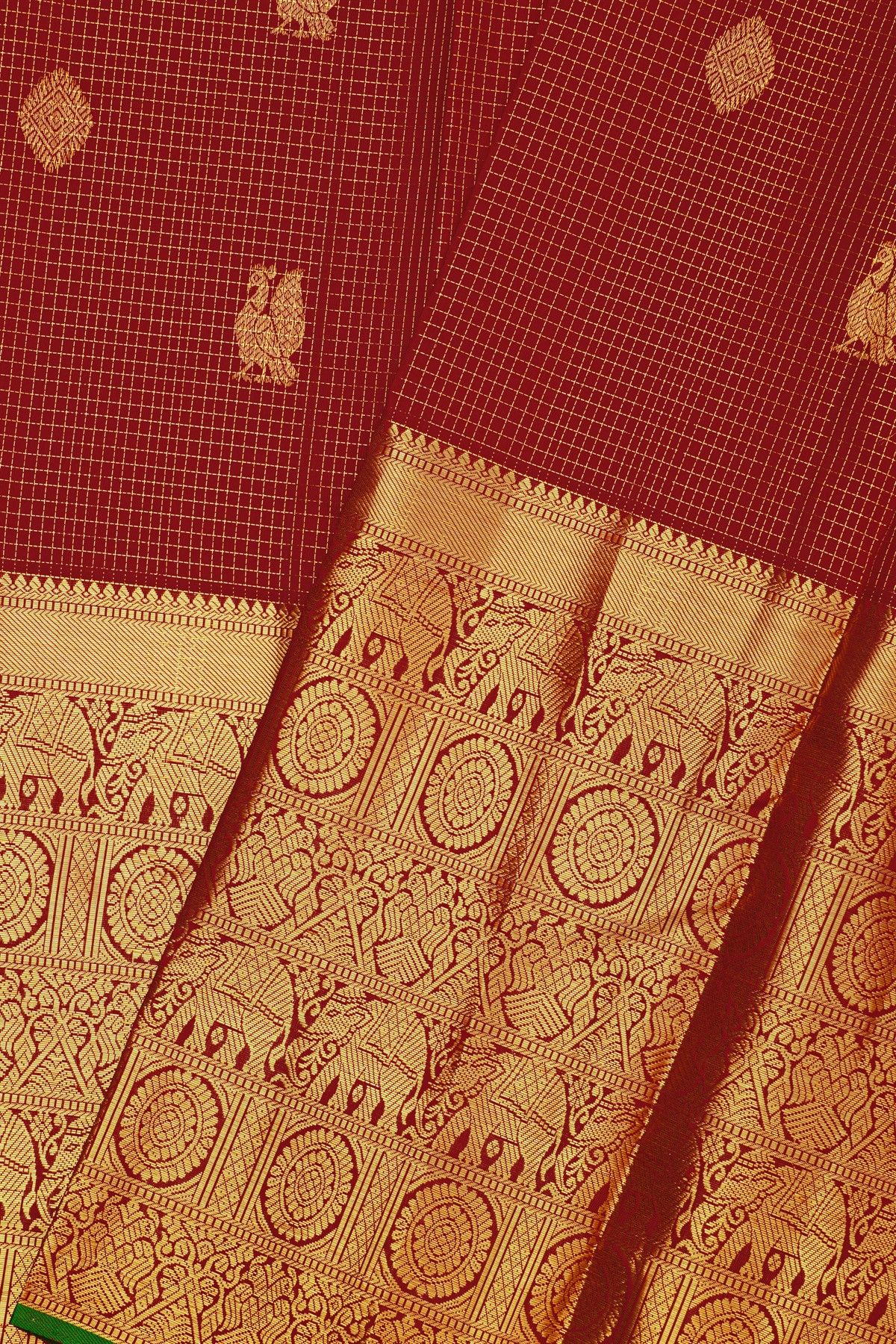 Kancheepuram Silk Maroon Saree With Florals And Elephants Traditional Long Border